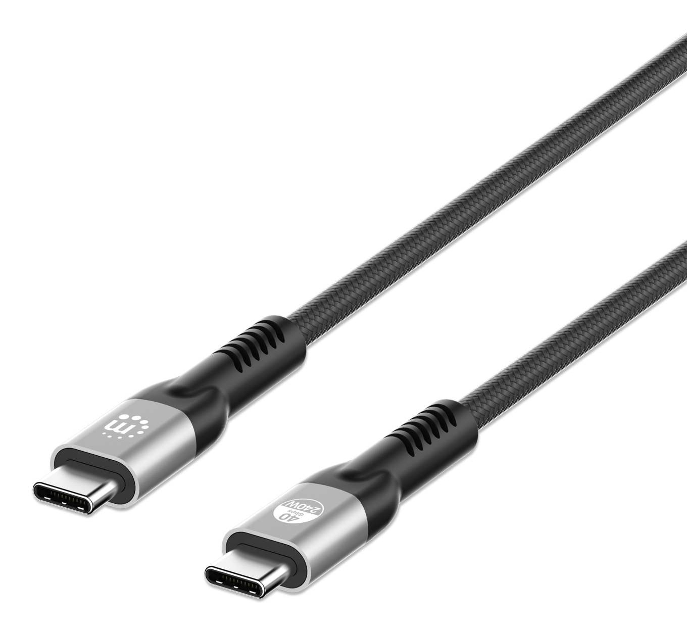 Due cavi USB-C neri con estremità metalliche, primo piano su sfondo bianco.