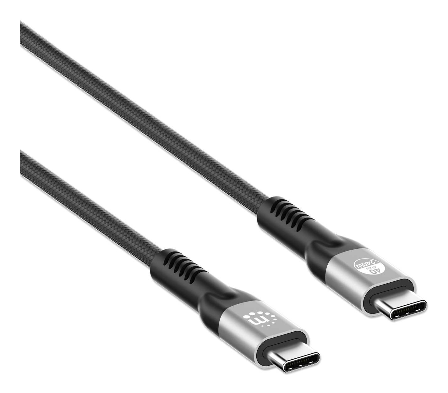 Due cavi USB-C neri e grigi, con connettori argentati.