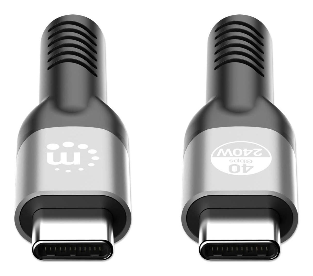 Due connettori USB-C affiancati con estremità argentate metalliche.