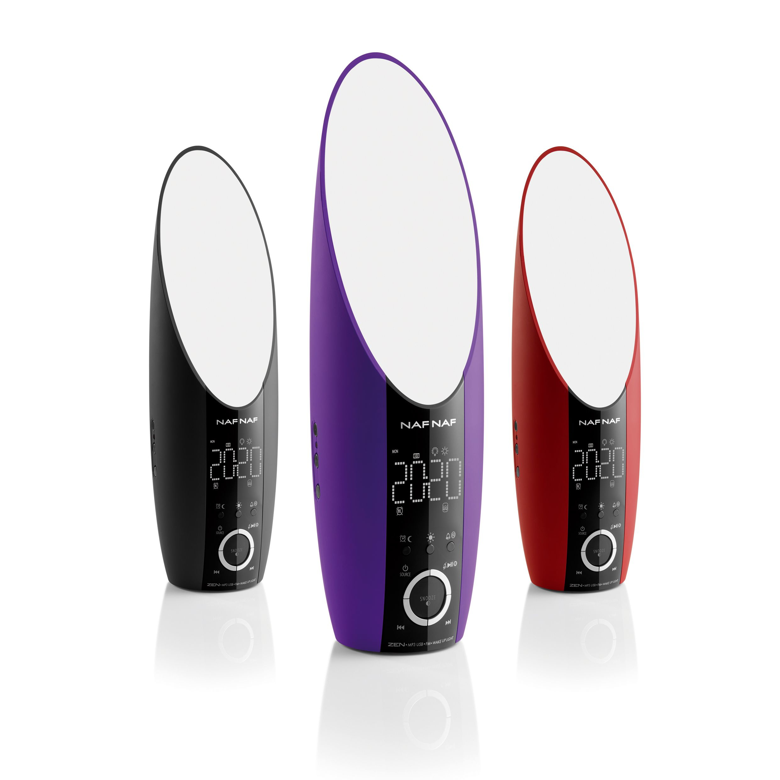 Trzy czarne, fioletowe i czerwone lampy do fototerapii z wyświetlaczem cyfrowym.