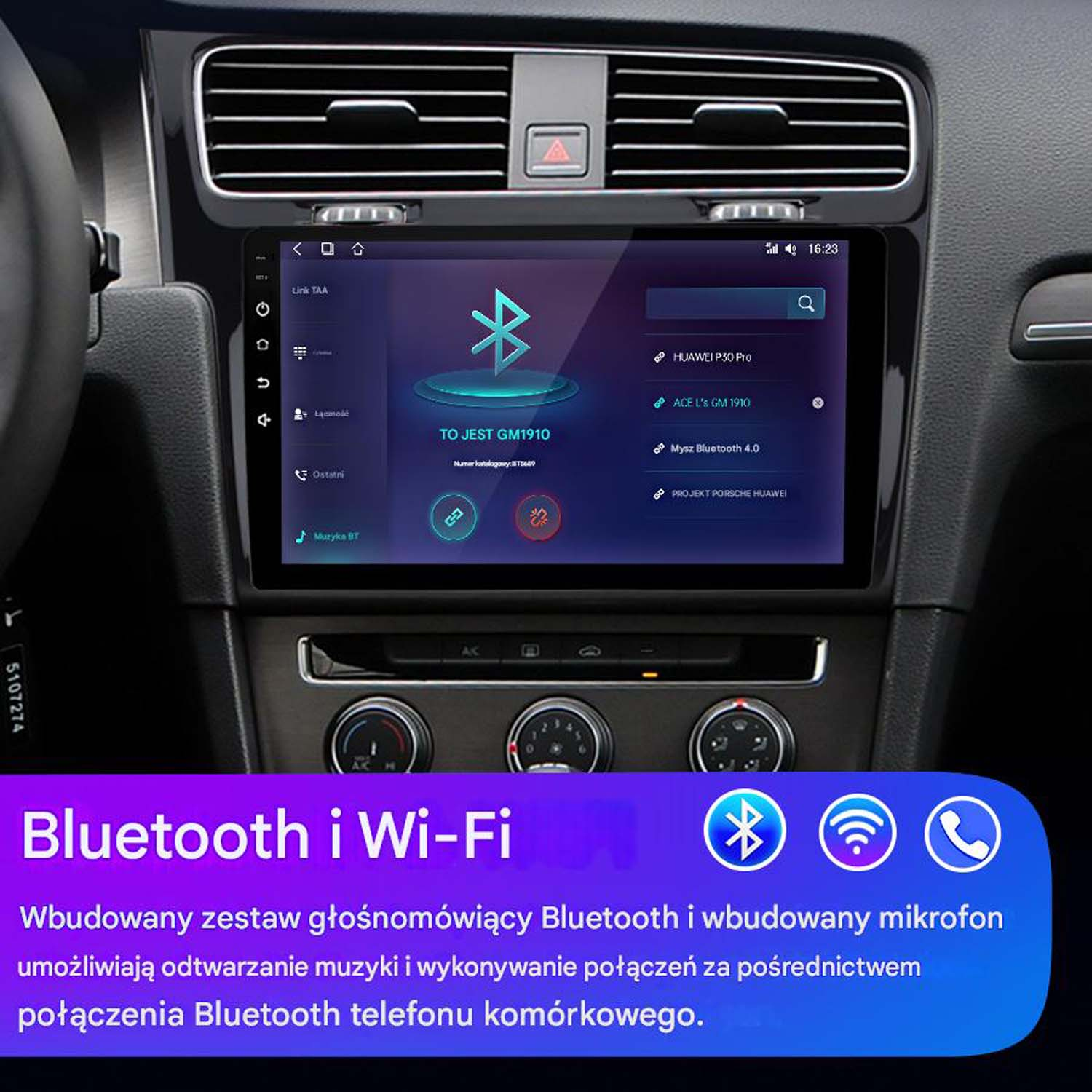 Deska rozdzielcza samochodu z ekranem wyświetlającym ikony Bluetooth i Wi-Fi oraz listę urządzeń.