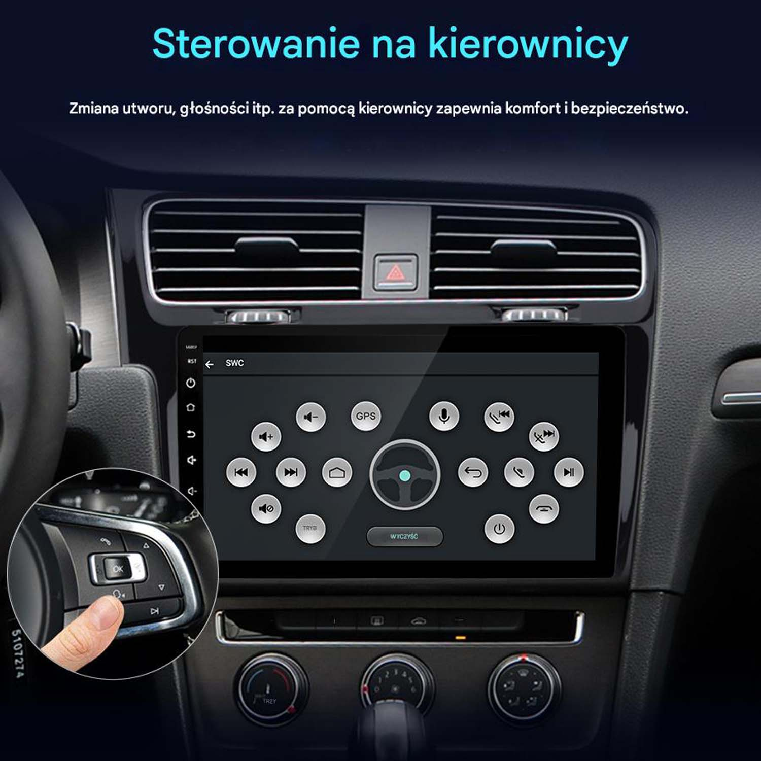 Deska rozdzielcza samochodu z ekranem wyświetlającym opcje sterowania i zbliżenie kierownicy.