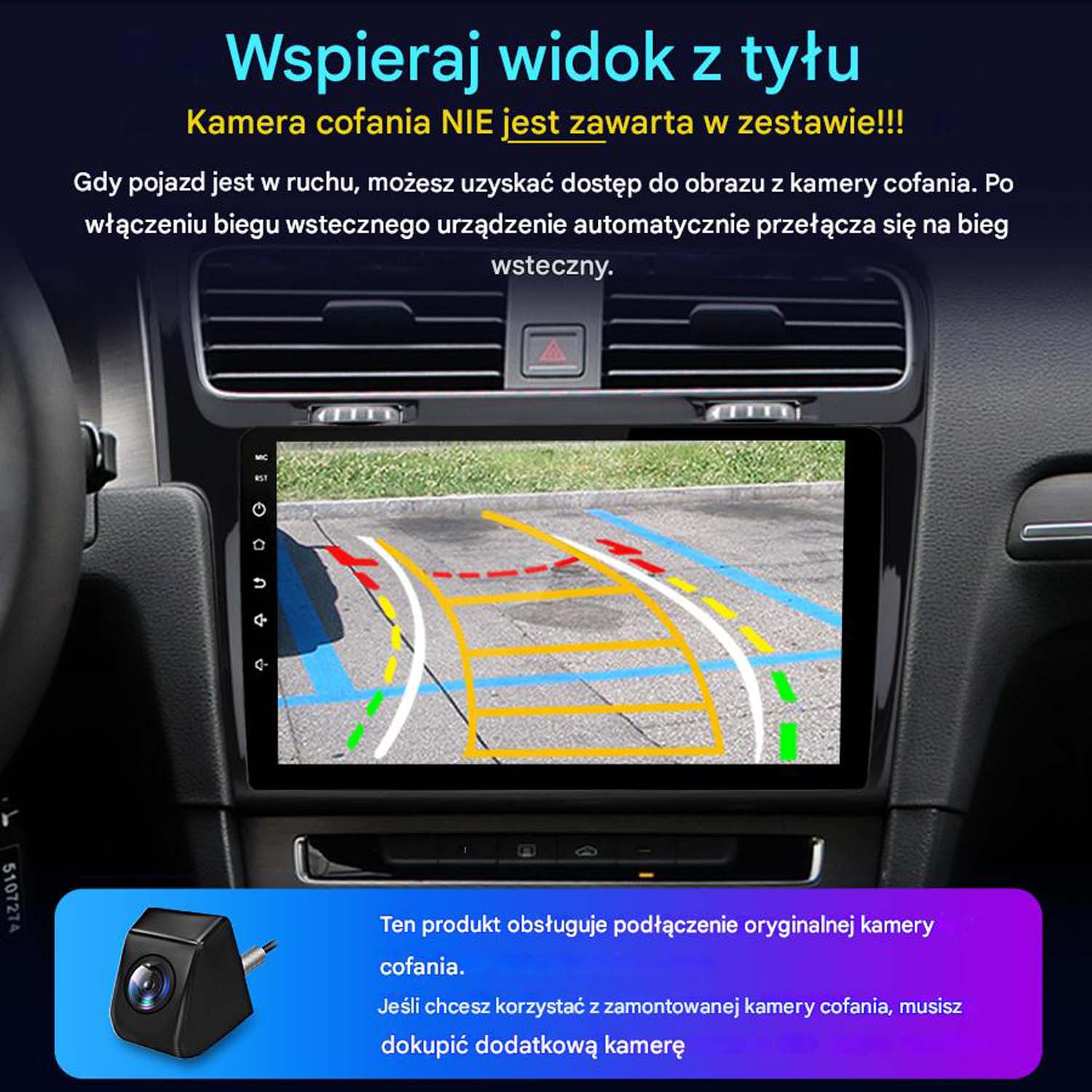 Ekran deski rozdzielczej samochodu wyświetlający widok z kamery cofania z liniami pomocniczymi i ikoną kamery.