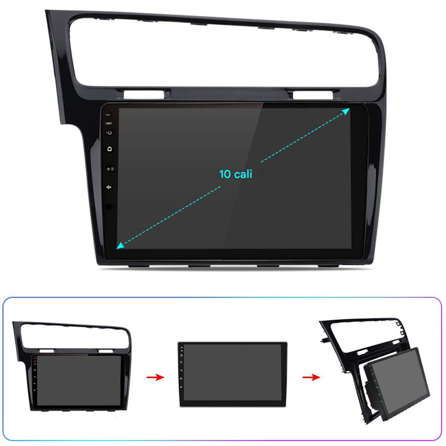 Radio samochodowe z ekranem 10 cali. Czarna ramka, sekwencja montażu.