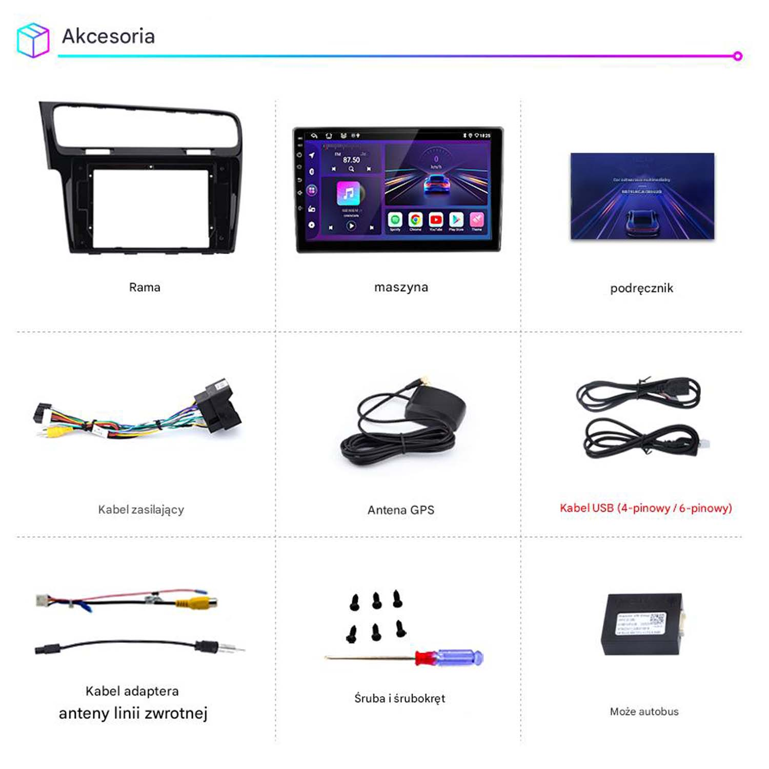 Elementy deski rozdzielczej samochodu, w tym nowy ekran, ramka, kable i inne akcesoria do instalacji.