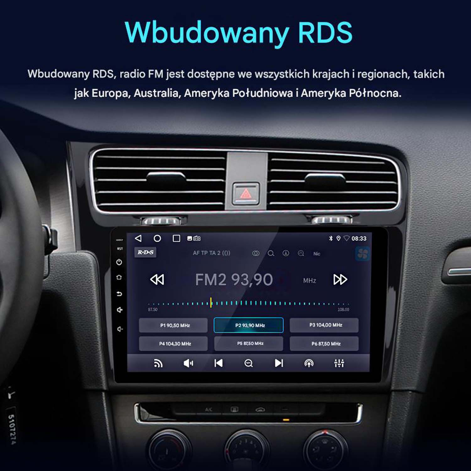 Ekran radia samochodowego z interfejsem FM. Przyciski i częstotliwość radiowa.