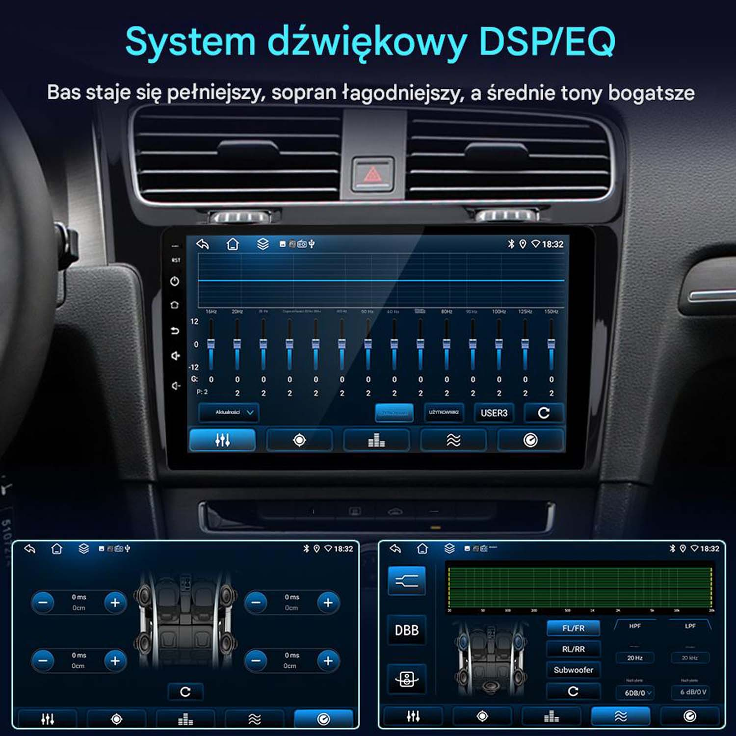 Ekran deski rozdzielczej samochodu wyświetlający ustawienia audio i elementy sterowania korektorem.