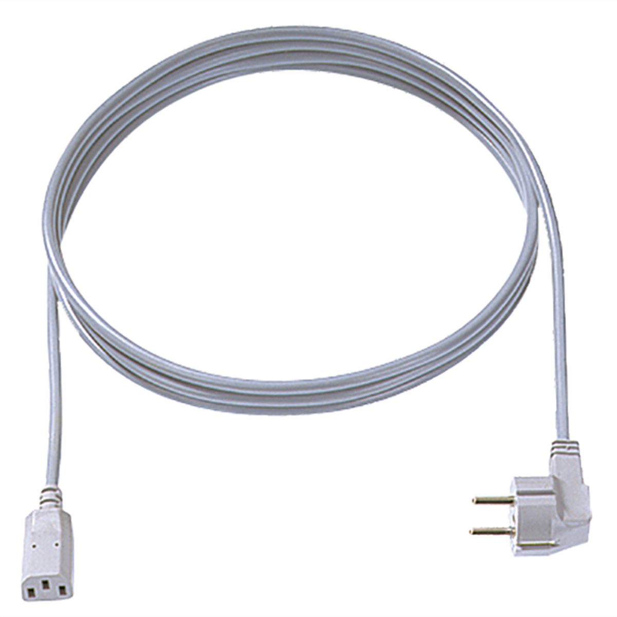 Szary kabel zasilający z wtyczką i złączem. Kabel jest zwinięty.
