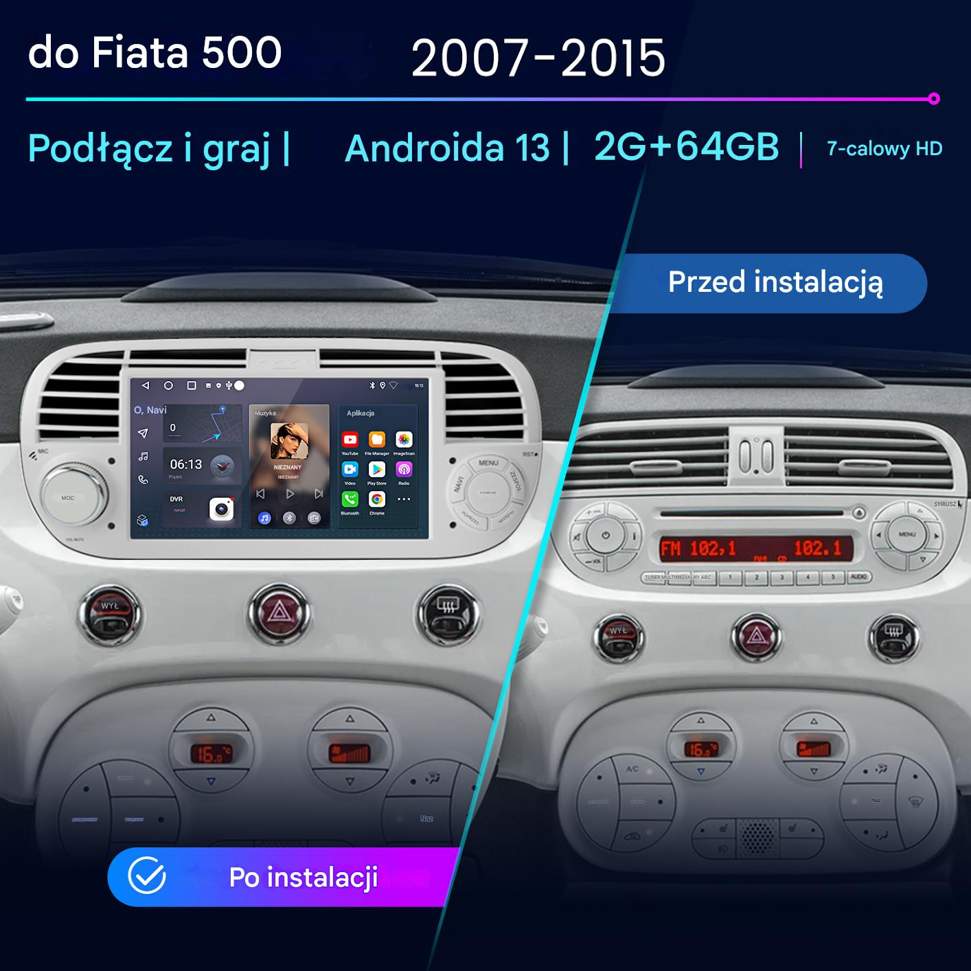 Deska rozdzielcza samochodu przed i po zainstalowaniu nowego ekranu Android, pokazująca nowy ekran.