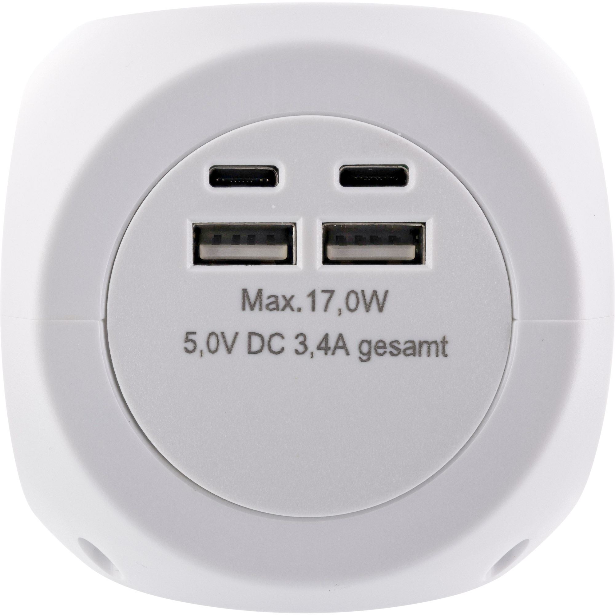 White cube charger with USB and USB-C ports.