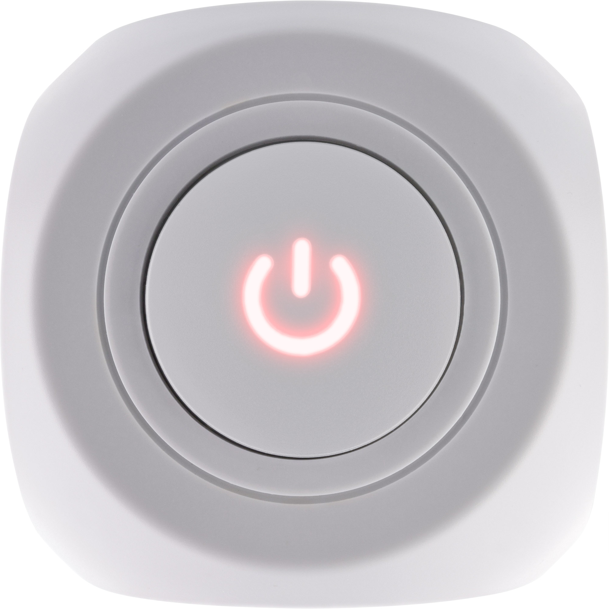 White power button with a red light illuminating in the center.