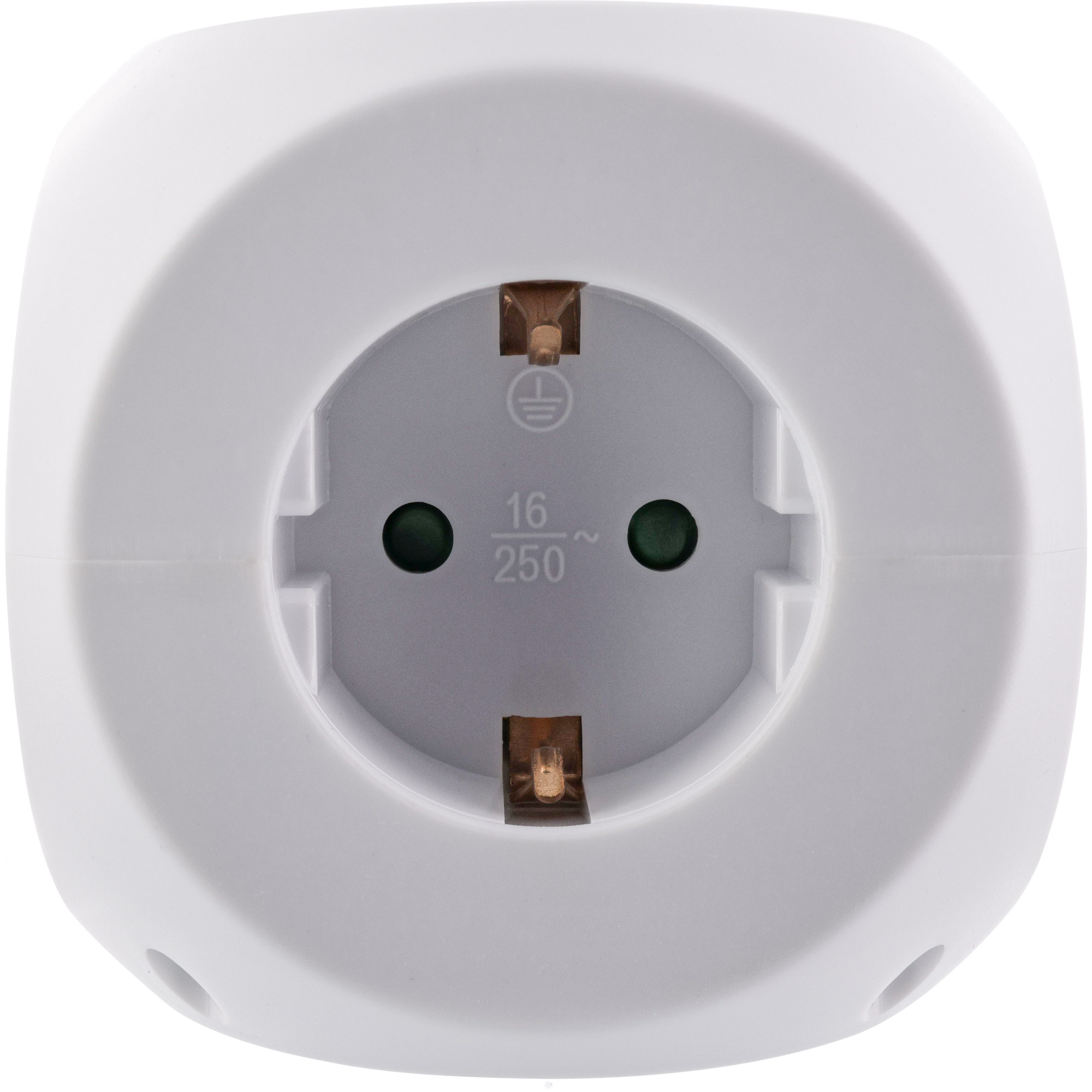 White power outlet adapter with a single socket, showing the prongs and connection holes.