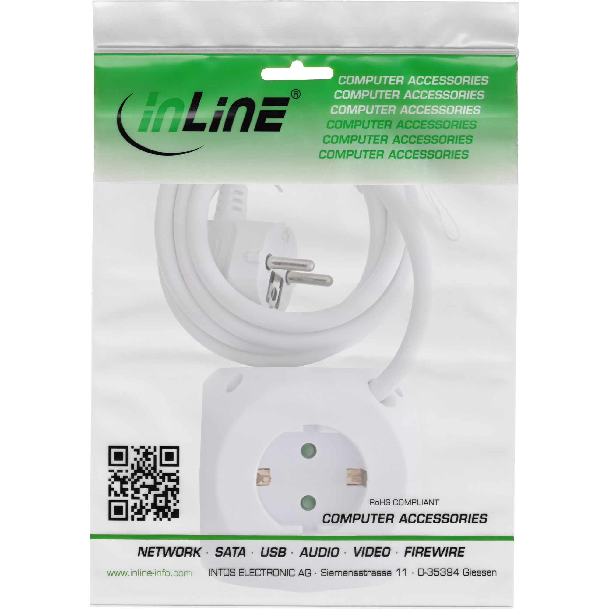 InLine extension cord in a plastic bag, with a QR code.