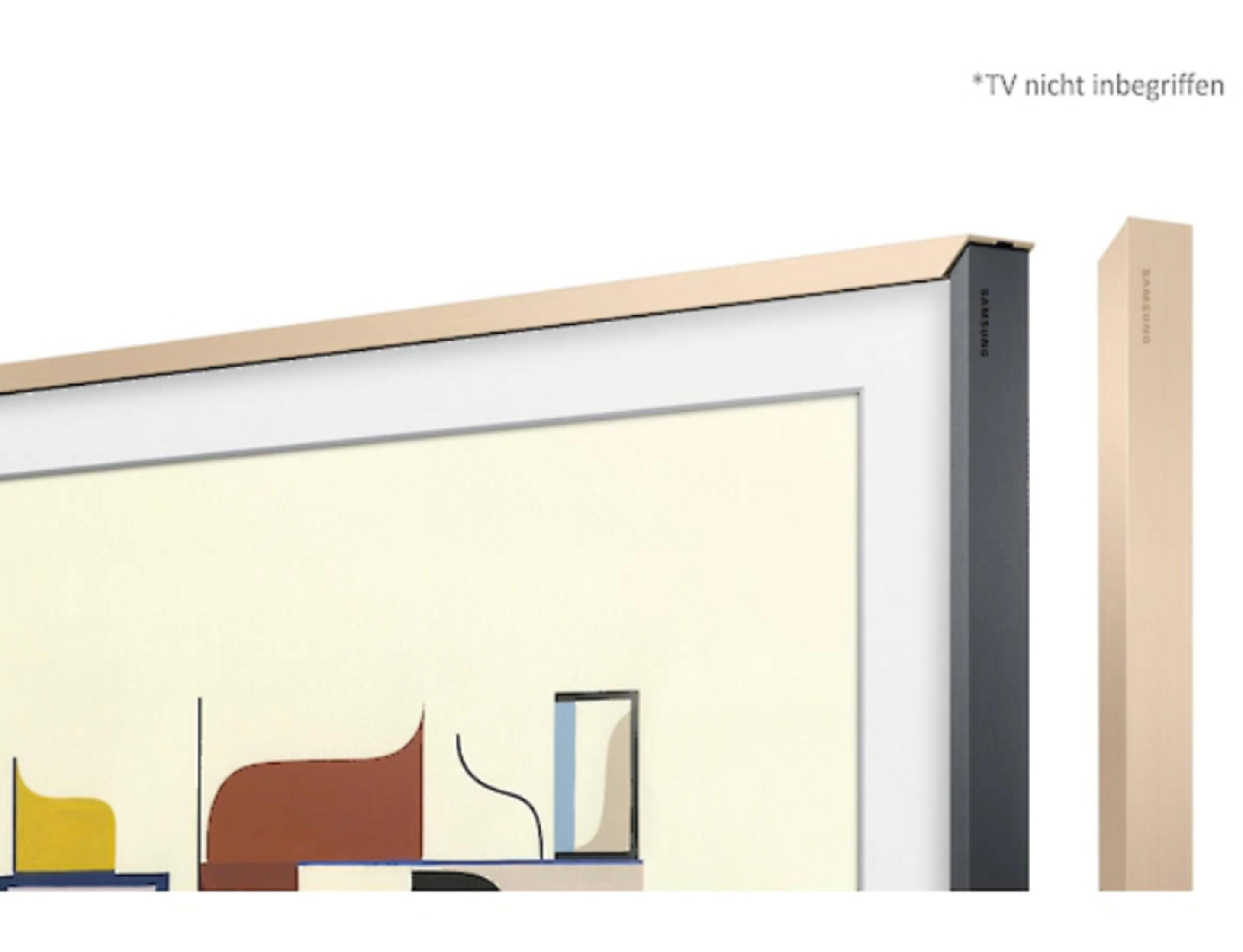 Un marco de TV con arte abstracto. Un marco de madera está fijado al televisor.