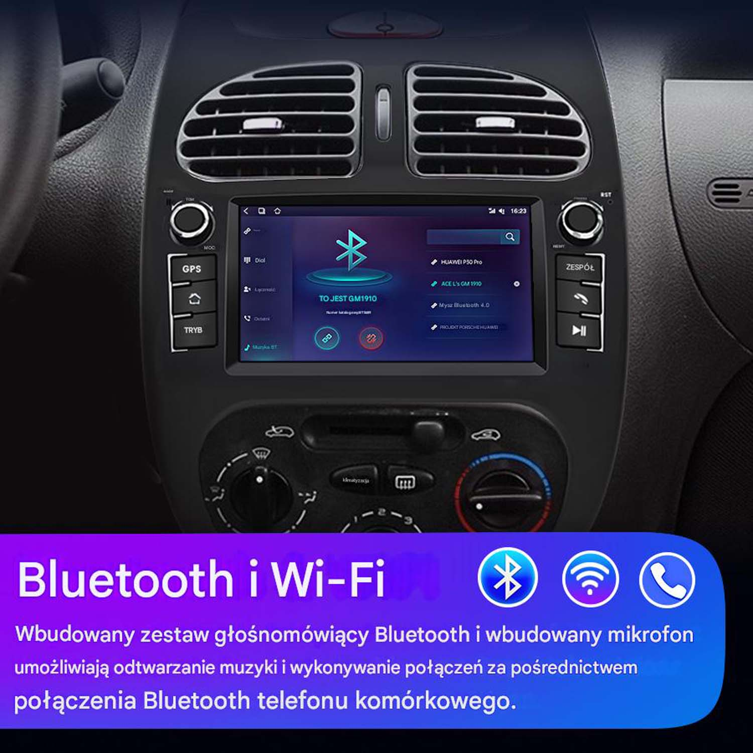 Ekran deski rozdzielczej samochodu pokazujący interfejs połączenia Bluetooth z telefonem i symbolem Wi-Fi.