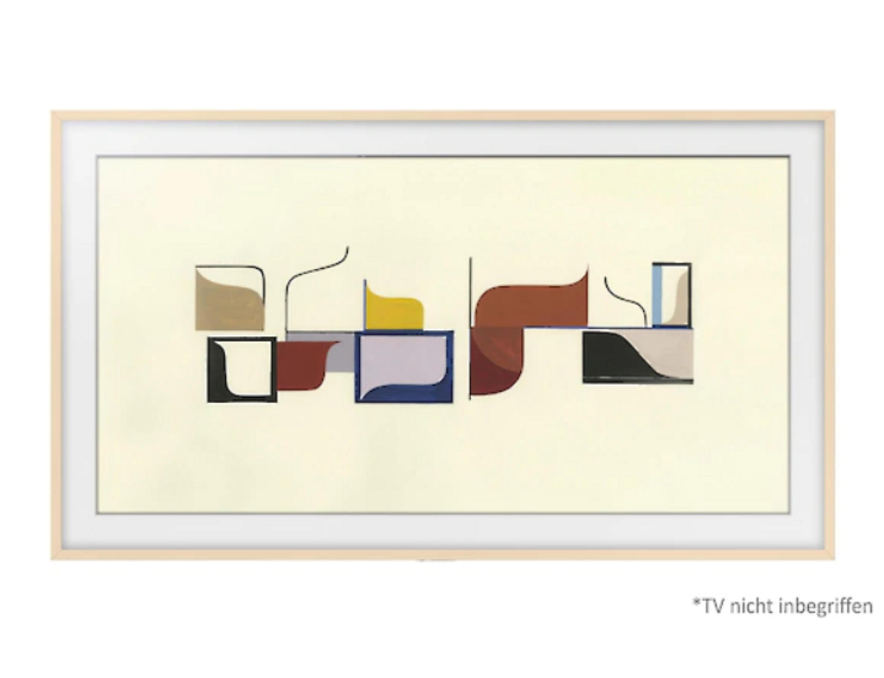 Una pantalla de TV con arte abstracto, enmarcada en un marco de madera clara.