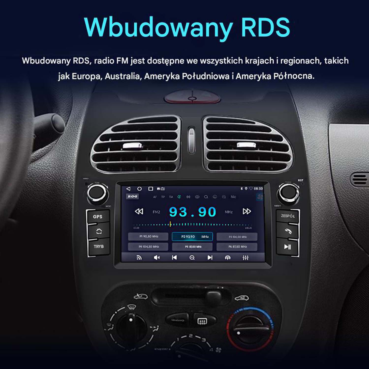 Radio samochodowe z wyświetlaczem, pokazujące częstotliwość radiową i przyciski.