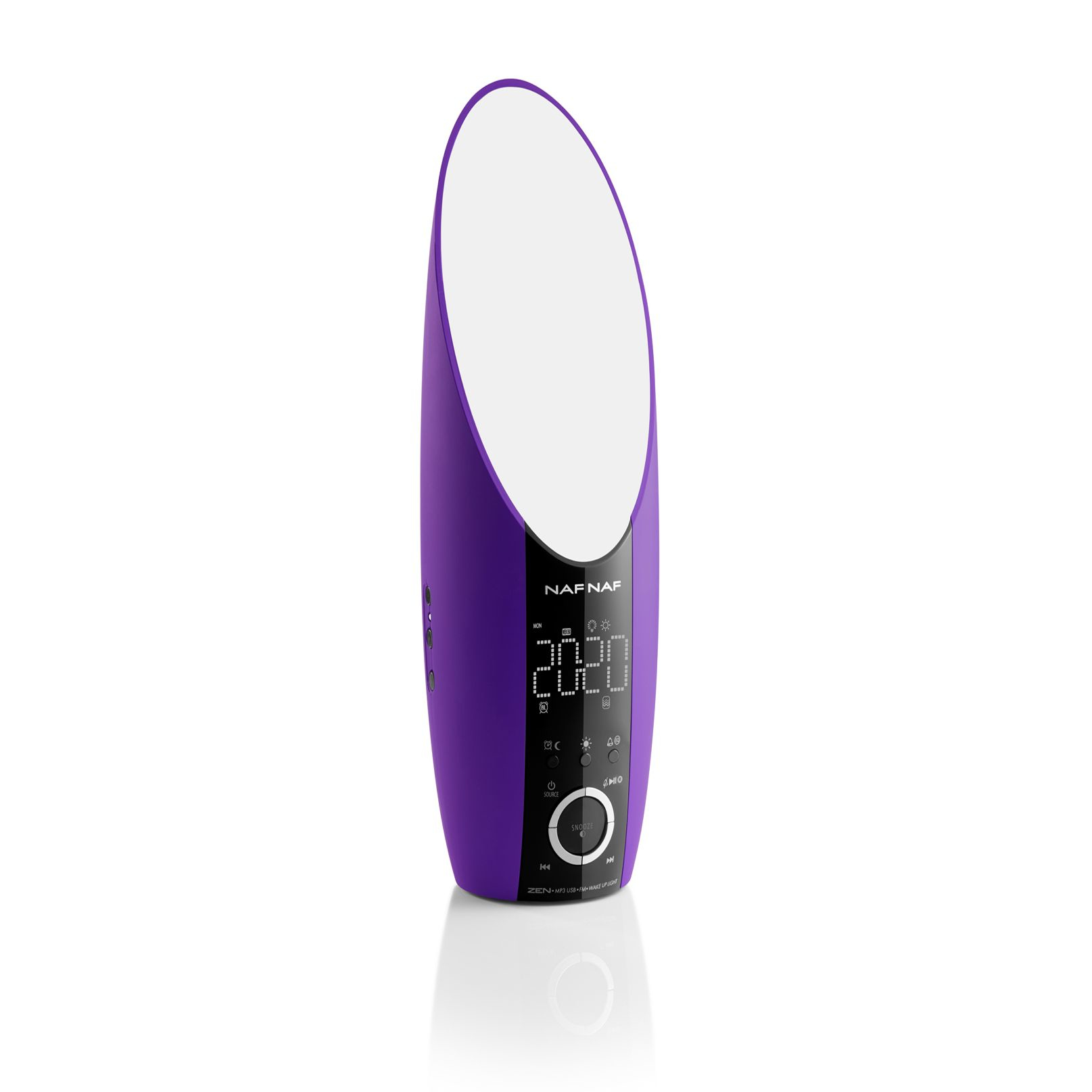 Fioletowy nowoczesny budzik. Pokazuje numer 2020, z różnymi przyciskami. Ma zakrzywiony design.