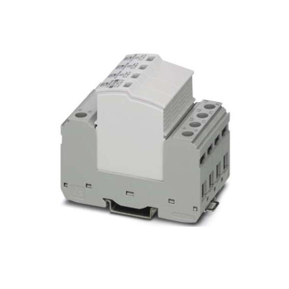 Szary element elektryczny, listwa zaciskowa. Posiada wiele punktów połączeń i białą górną część.