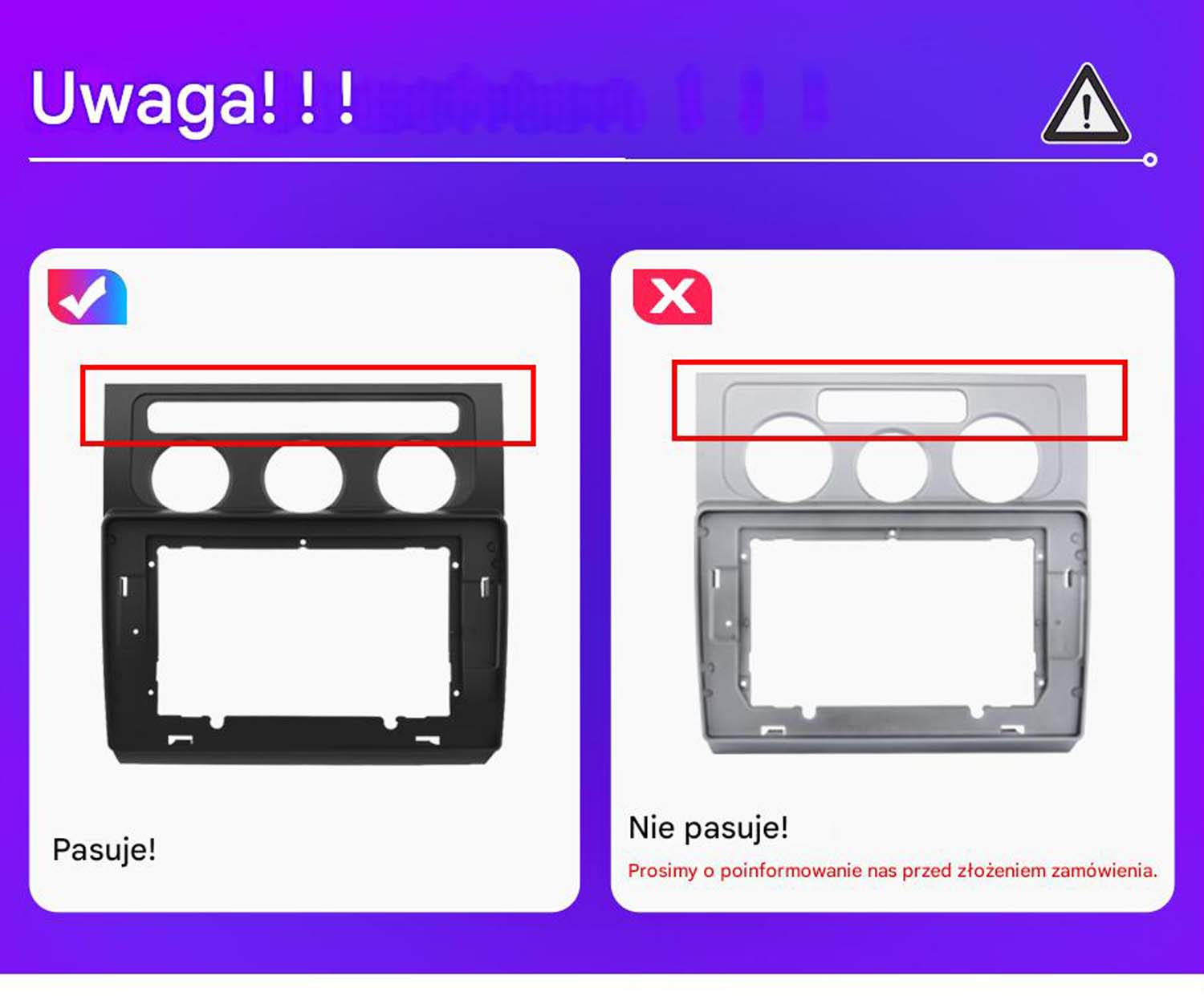Diagram pokazujący prawidłowe i nieprawidłowe dopasowanie ramki radia samochodowego, z czerwonymi obrysami.