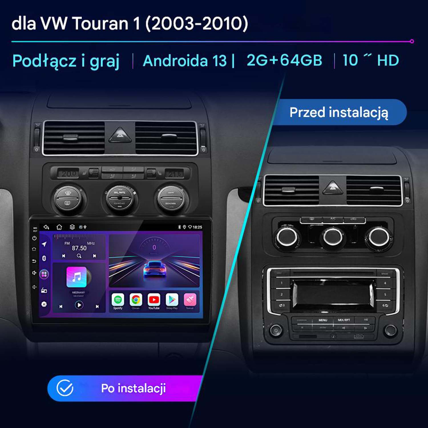 Instrukcja montażu radia samochodowego ze zdjęciami przed i po, pokazującymi szczegóły ekranu.