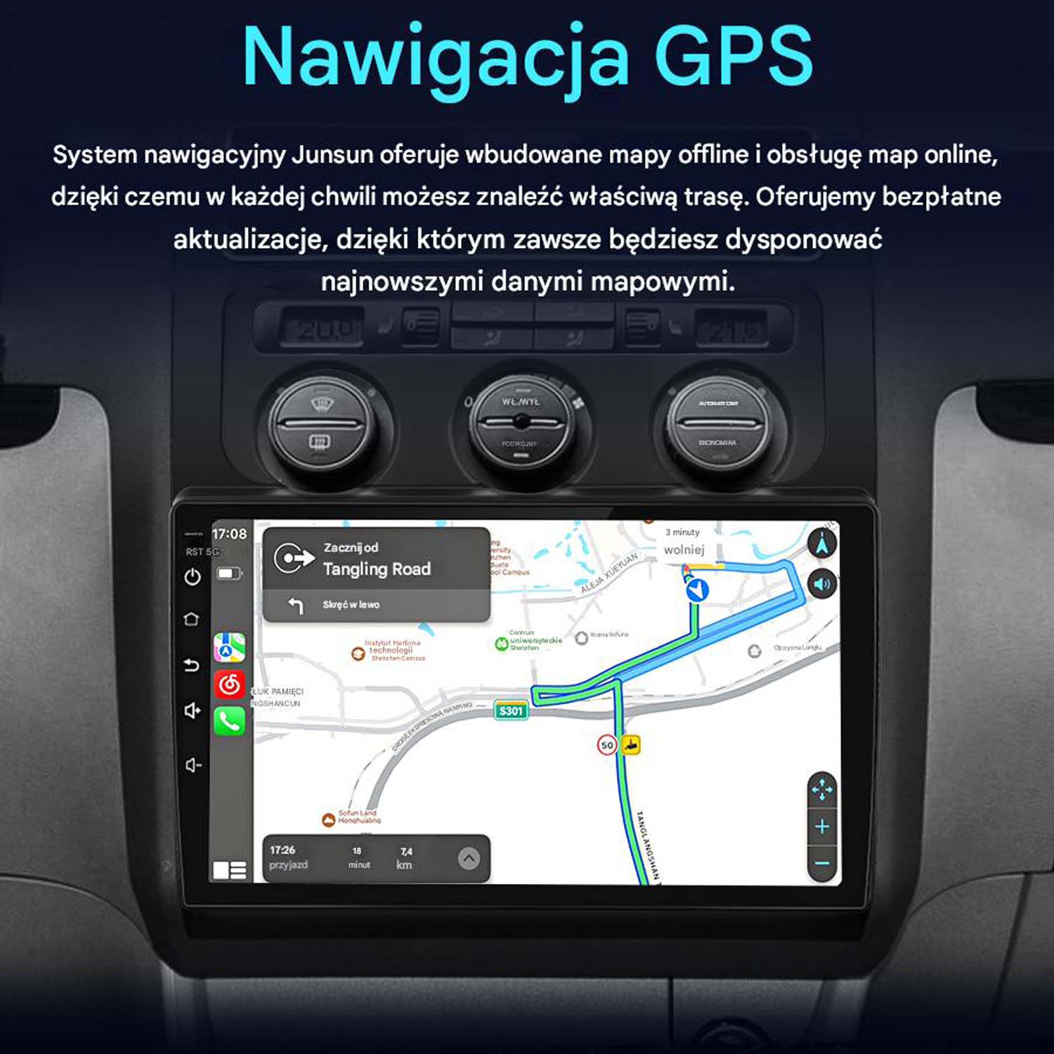 Ekran radia samochodowego wyświetlający mapę z informacjami nawigacyjnymi. Tekst w języku polskim.