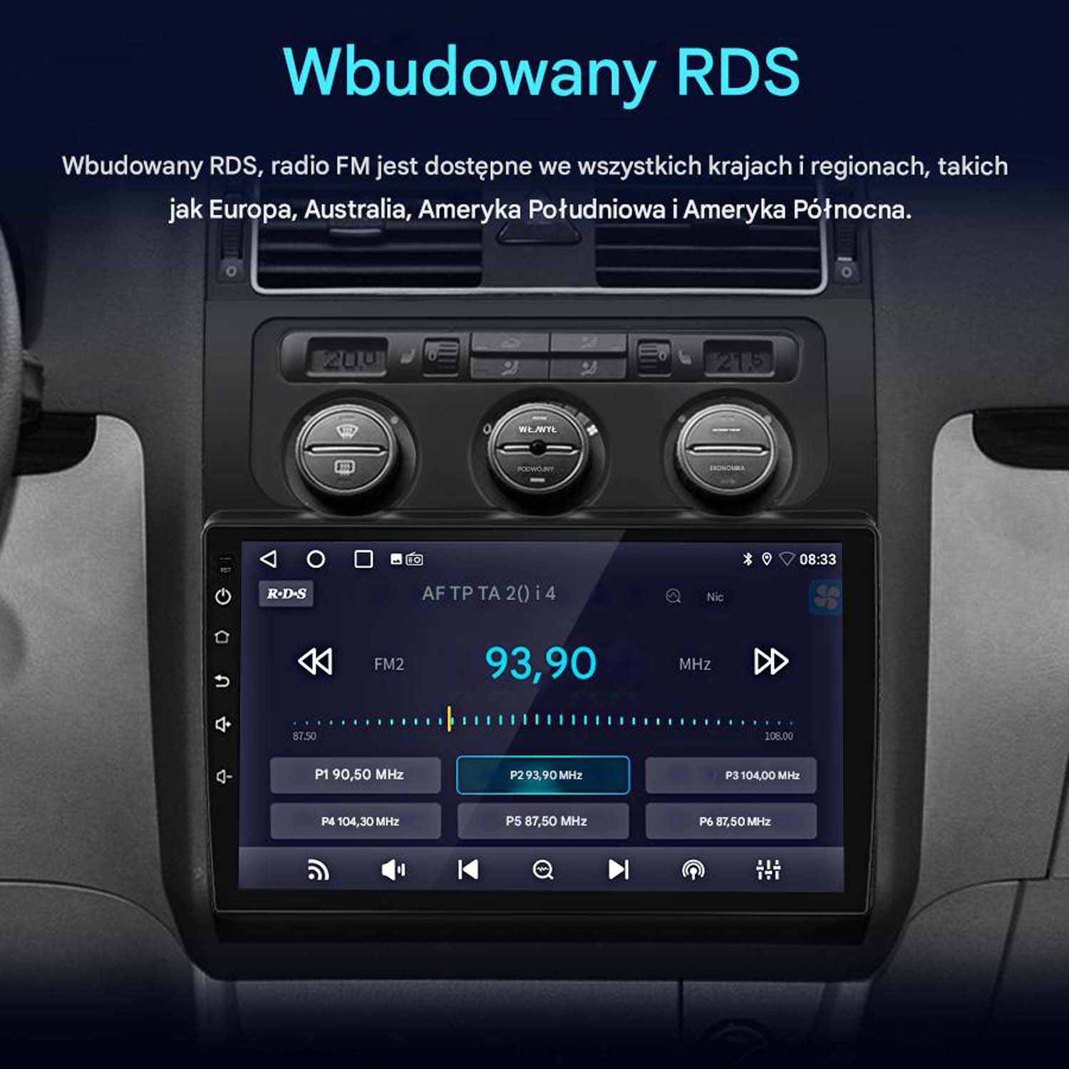 Ekran radia samochodowego wyświetlający ustawienia radia, częstotliwość i informacje RDS.