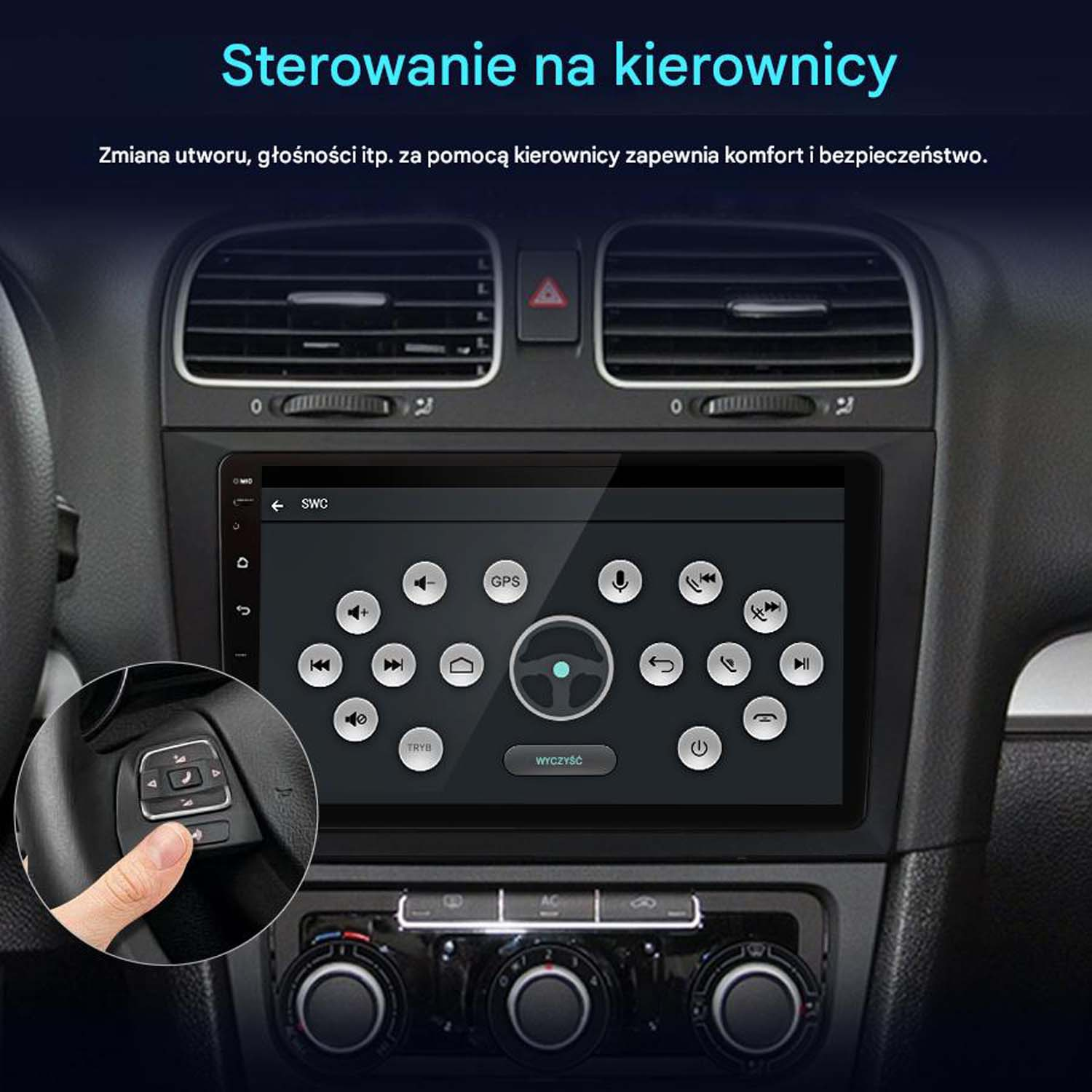 Ekran radia samochodowego pokazujący elementy sterowania na kierownicy dla mediów i nawigacji.