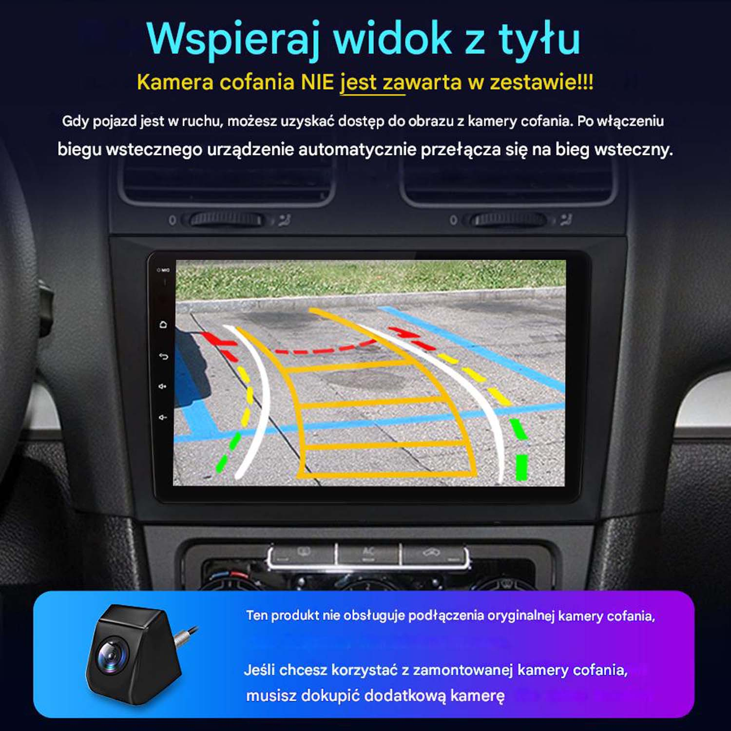 Ekran radia samochodowego pokazujący widok z kamery cofania. Tekst w języku polskim.
