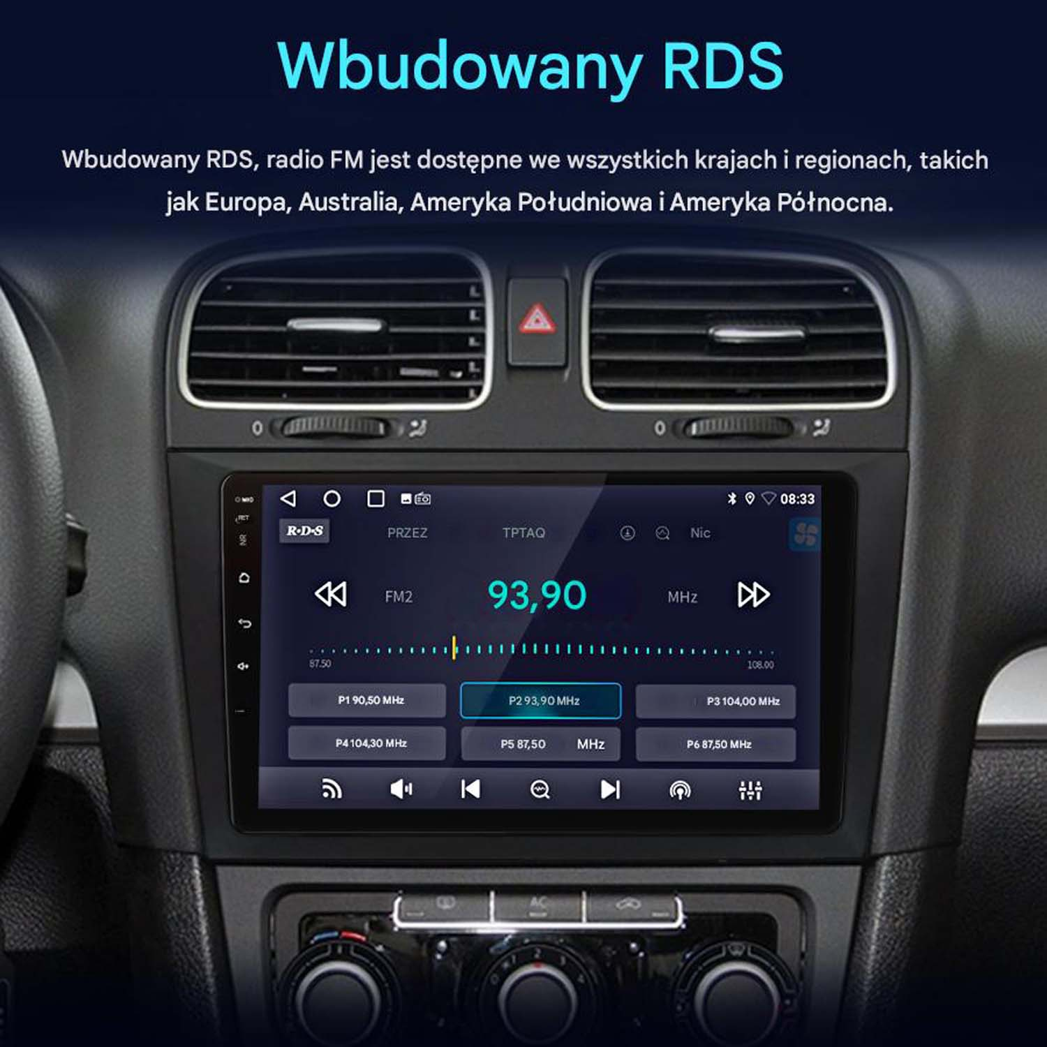 Ekran radia samochodowego wyświetlający ustawienia radia, częstotliwość i informacje RDS.