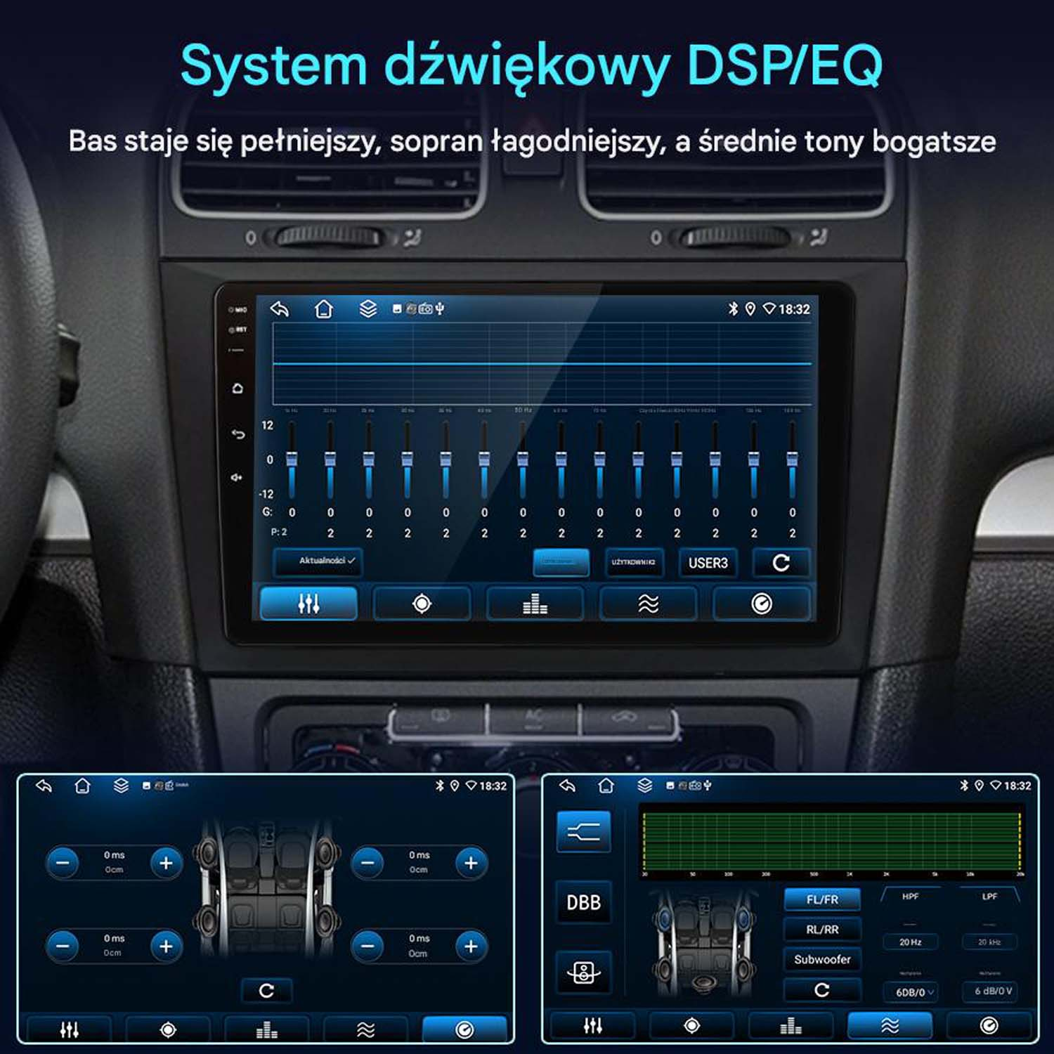 Ekran radia samochodowego z ustawieniami DSP/EQ, wykresami i opcjami interfejsu użytkownika.