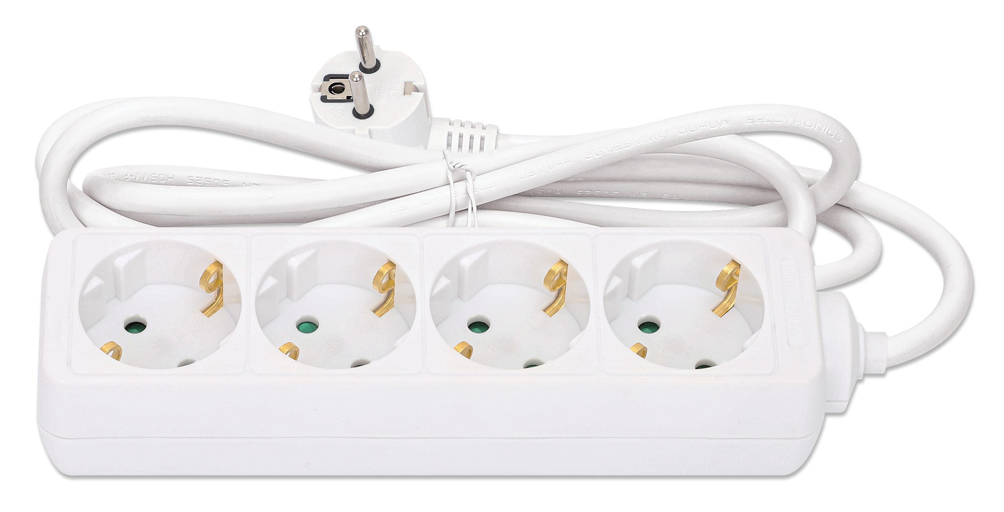 Biała listwa zasilająca z czterema gniazdami i wtyczką.