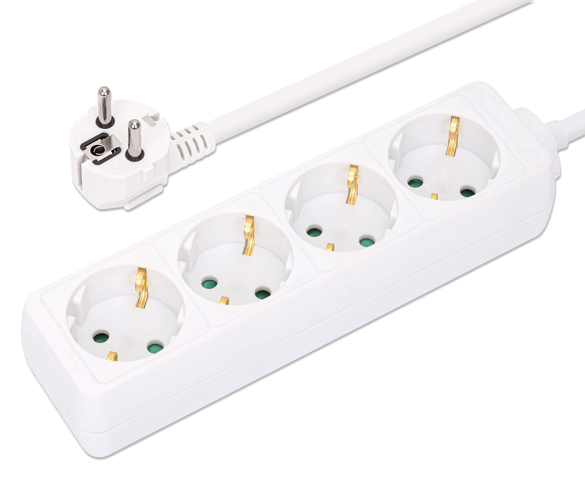 Biała listwa zasilająca z trzema gniazdami i wtyczką. Wtyczka po lewej stronie.