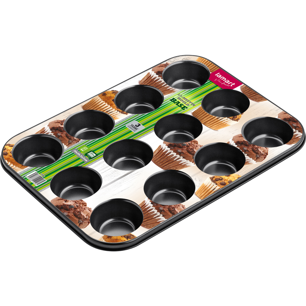 Muffinform mit 12 Mulden. Bedruckt mit Muffin-Bildern auf heller Holzstruktur.