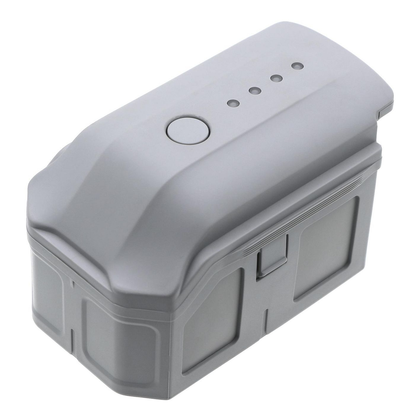 Pacco batteria grigio con un pulsante sopra. Sfondo bianco.