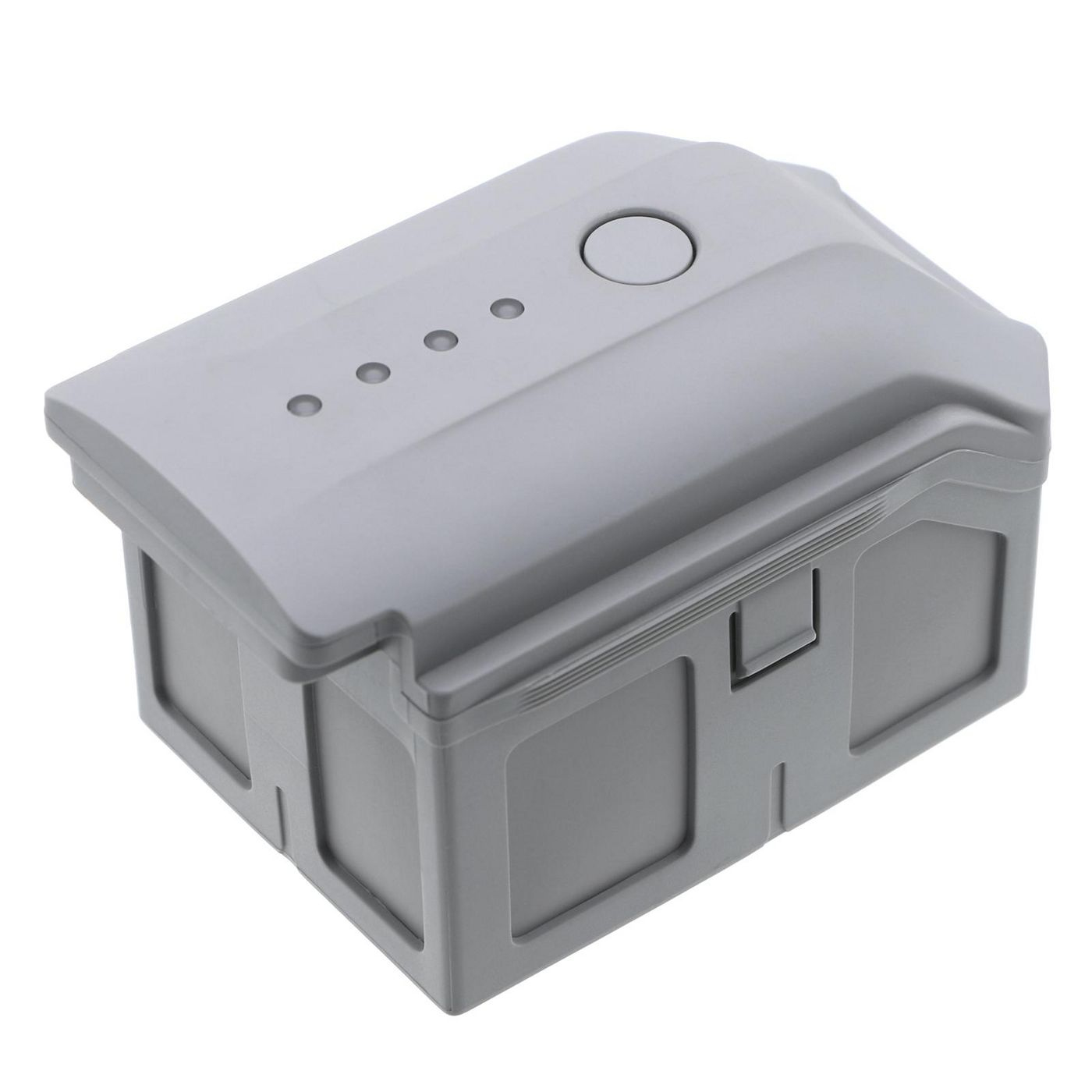 Batteria grigia per drone. Forma rettangolare con angoli arrotondati. Sfondo bianco.