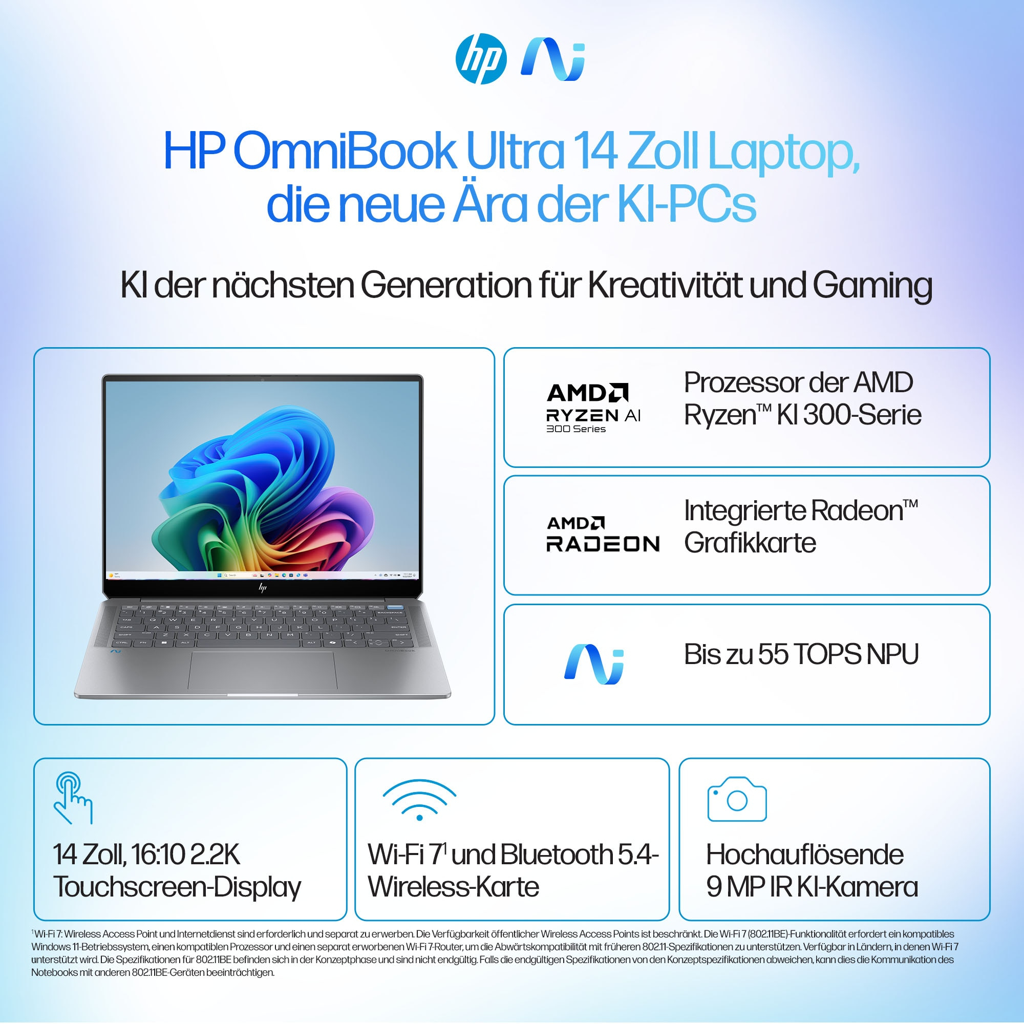 Obraz promocyjny laptopa HP Omnibook z tekstem o funkcjach i specyfikacjach.