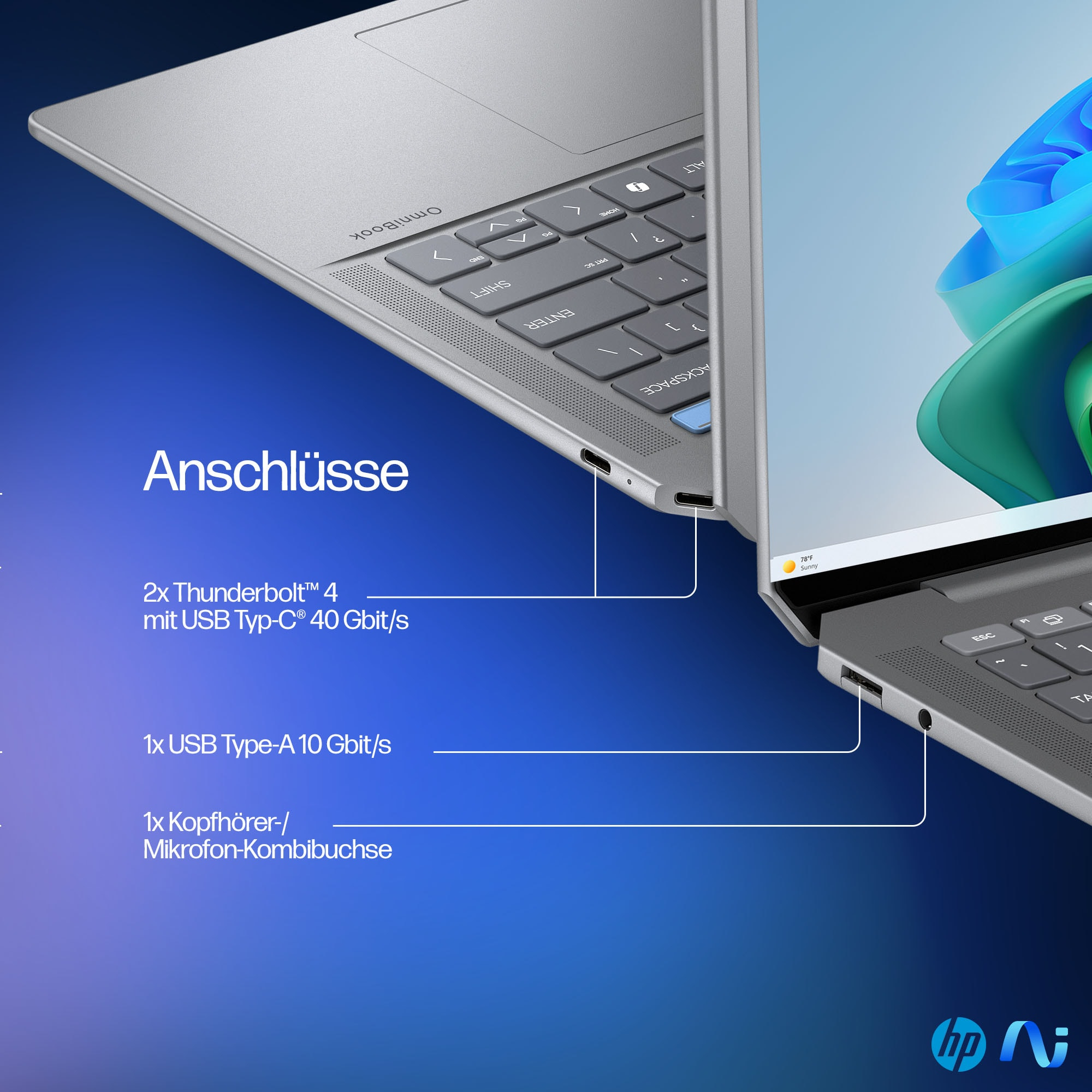 Szczegóły portów laptopa. 2x Thunderbolt 4, 1x USB Type-A, 1x combo słuchawki/mikrofon.