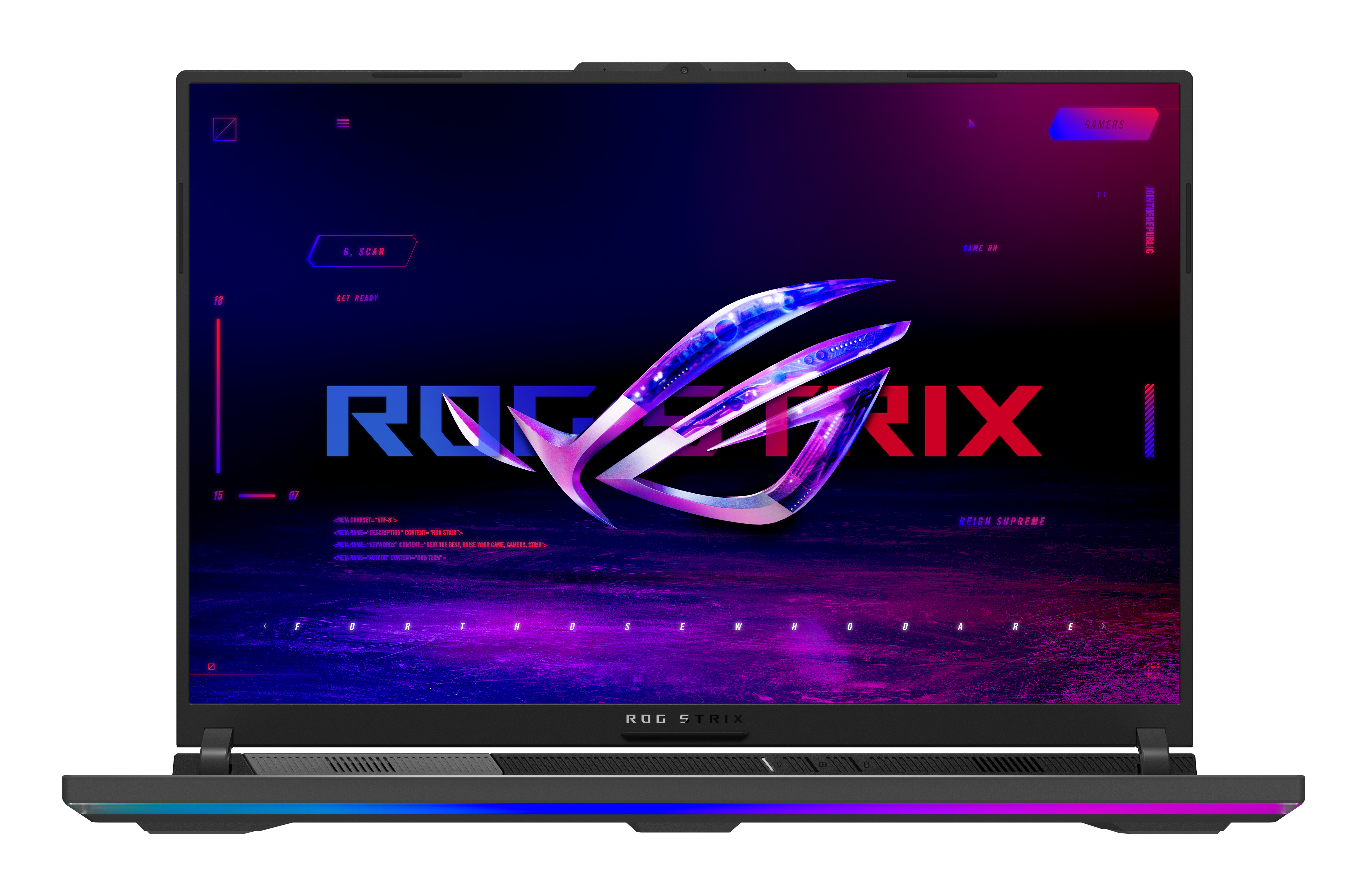 ROG laptop screen displaying logo and text on a dark background. Gradient colors and a futuristic design.