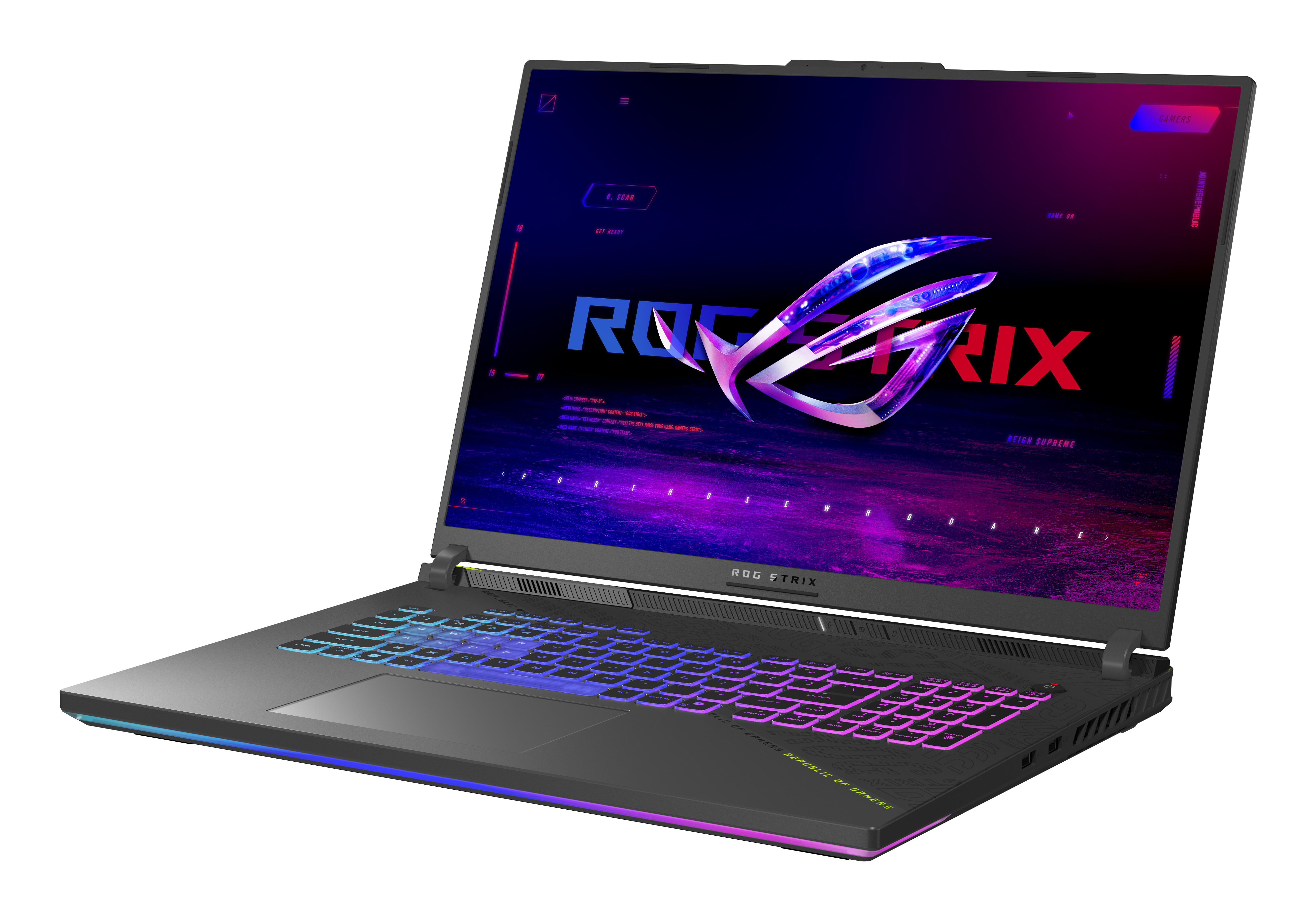 Black ROG Strix laptop open, screen displays ROG logo, keyboard backlit, on white background.