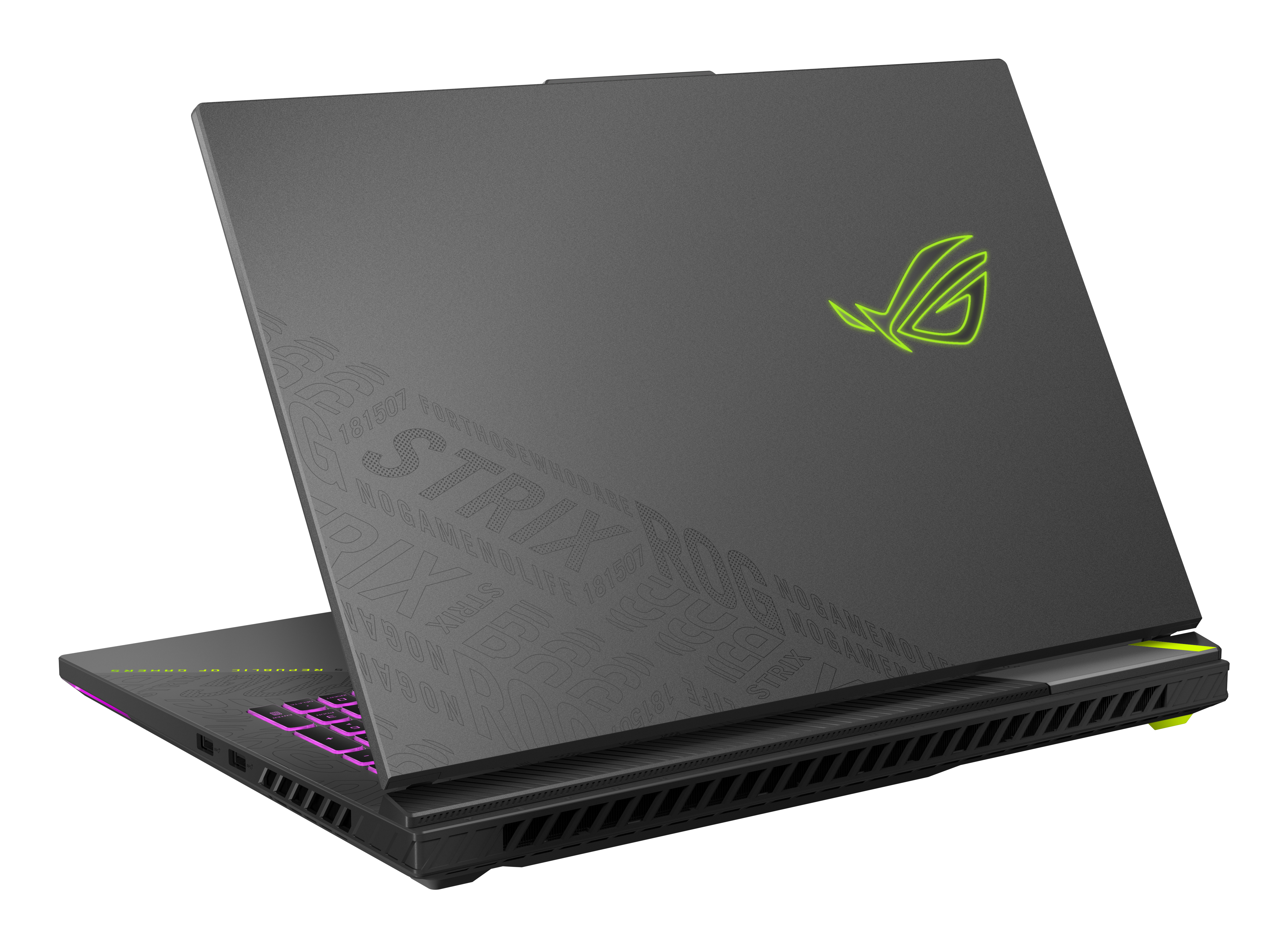 Dark gray ROG laptop, rear view. Glowing green logo, ROG Strix text, and design details on the lid.