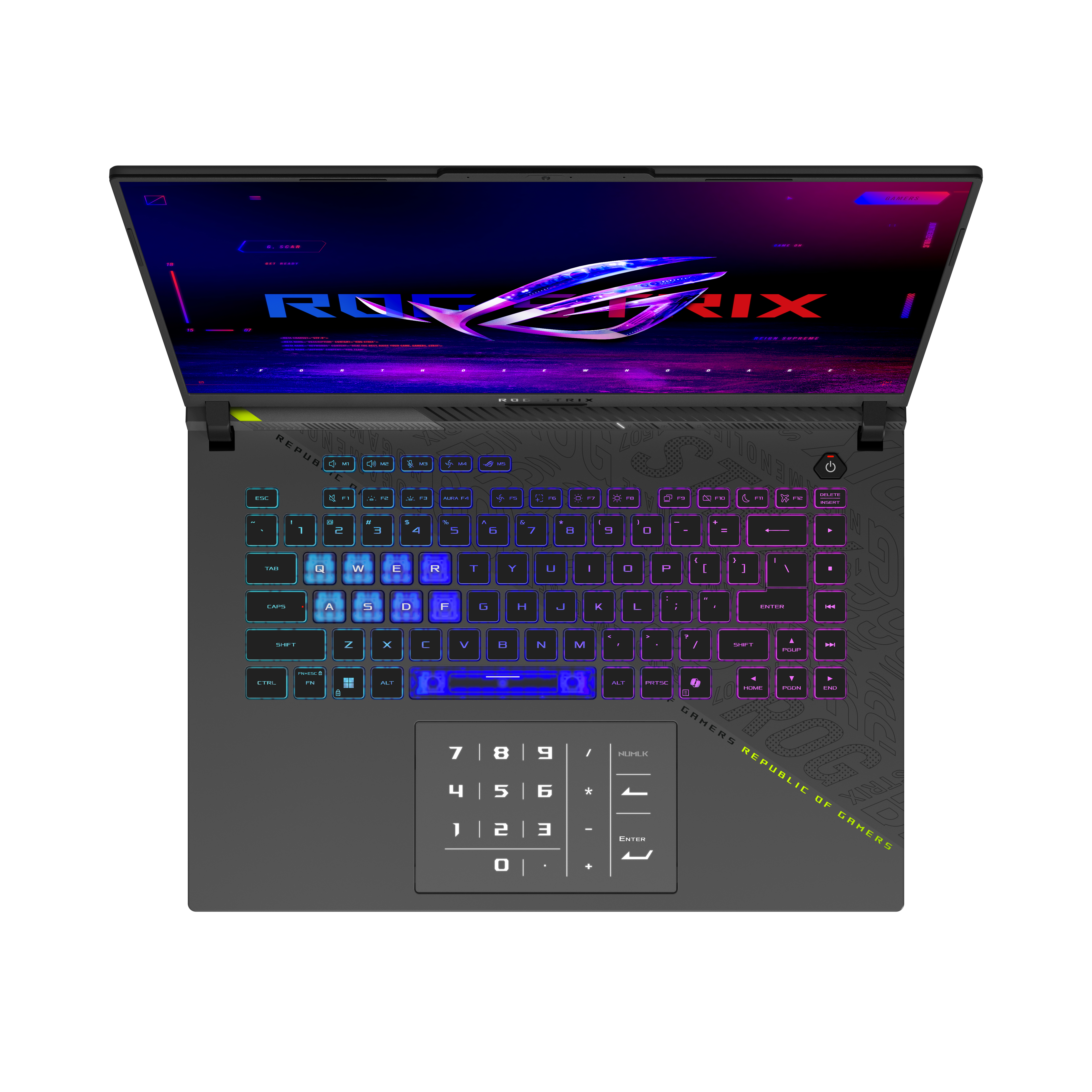 Gaming laptop, bovenaanzicht. Toetsenbord verlicht, met numeriek toetsenbord.