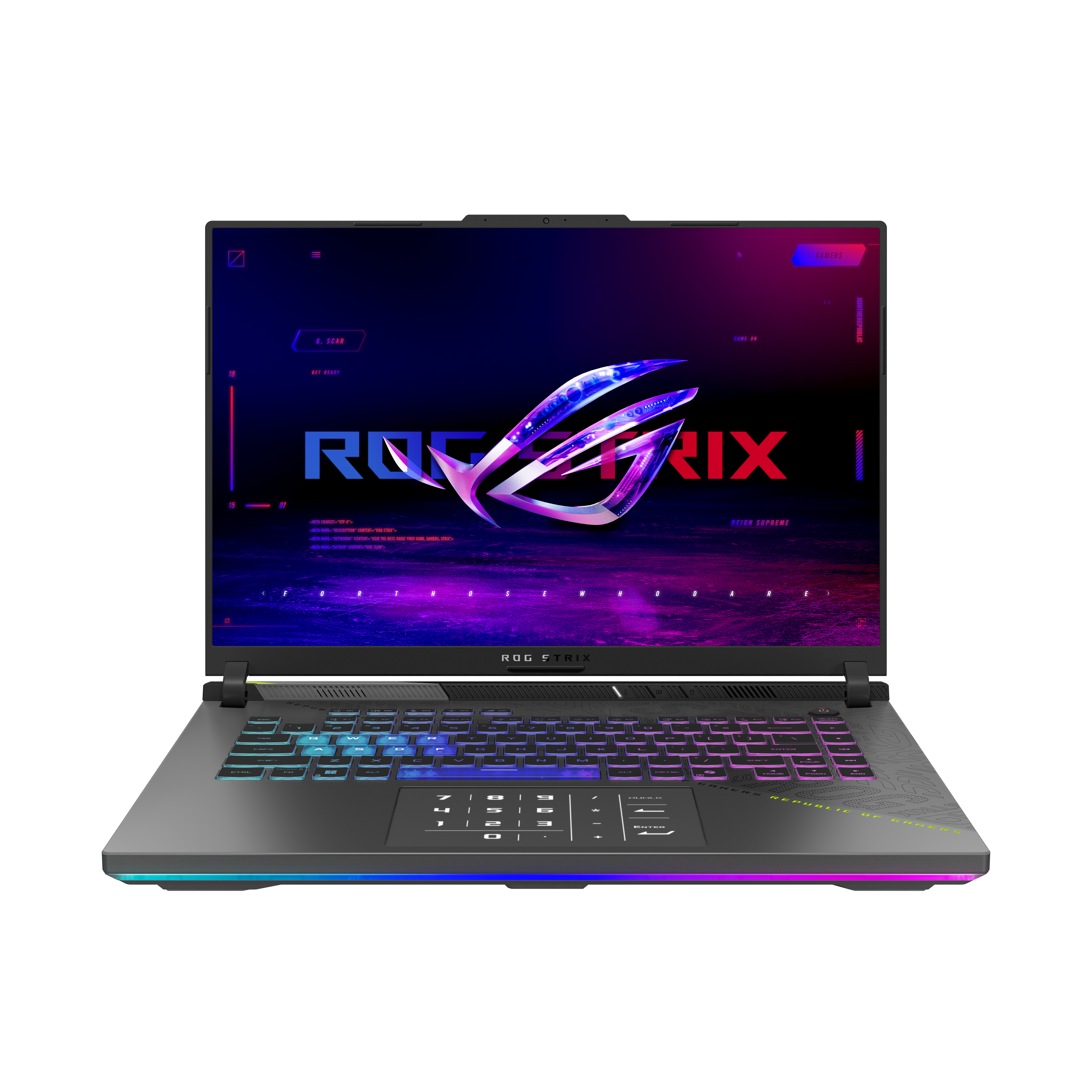Gaming laptop met kleurrijk toetsenbord, scherm met ROG logo.