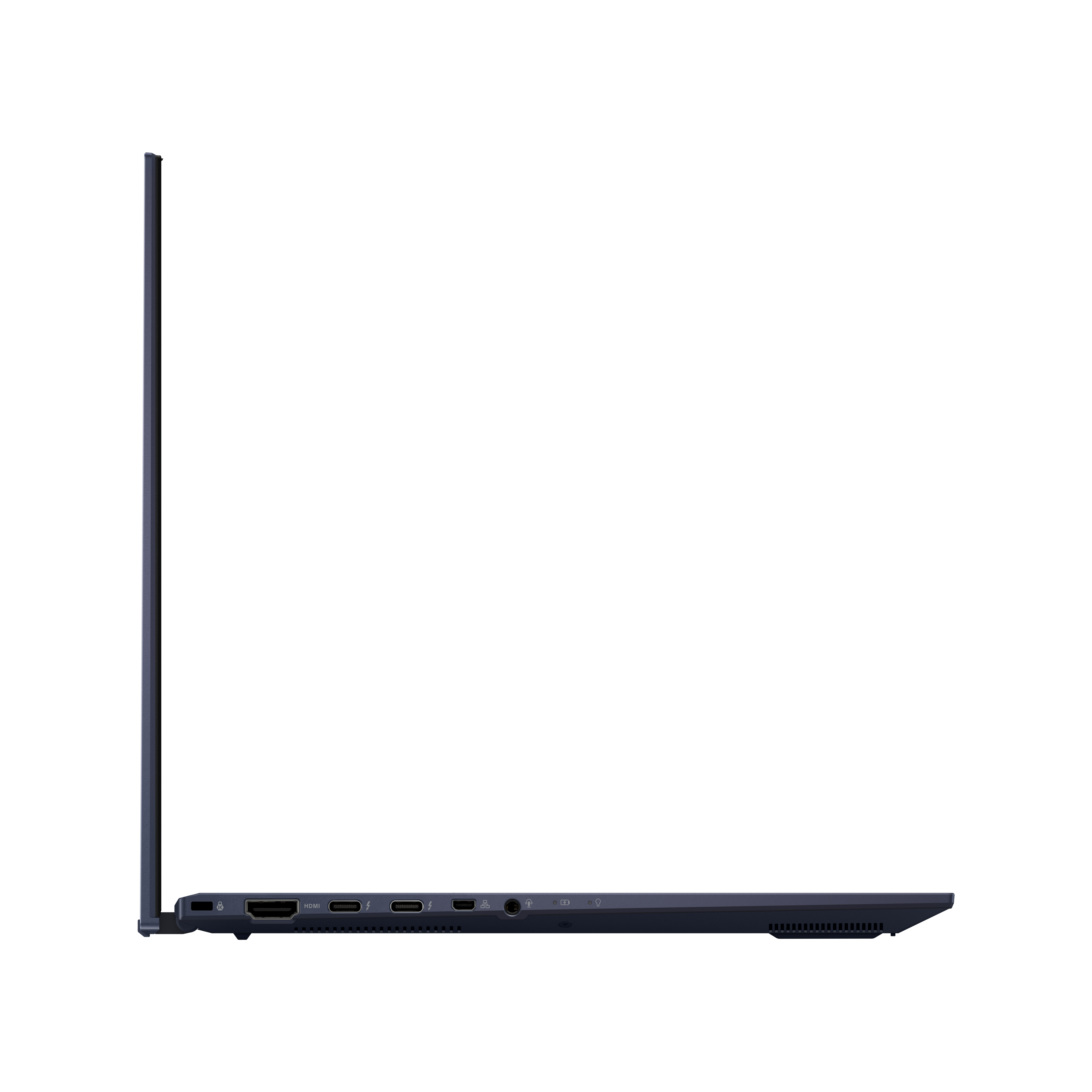 Portátil ASUS ExpertBook azul oscuro, vista lateral, mostrando puertos. Fondo blanco.