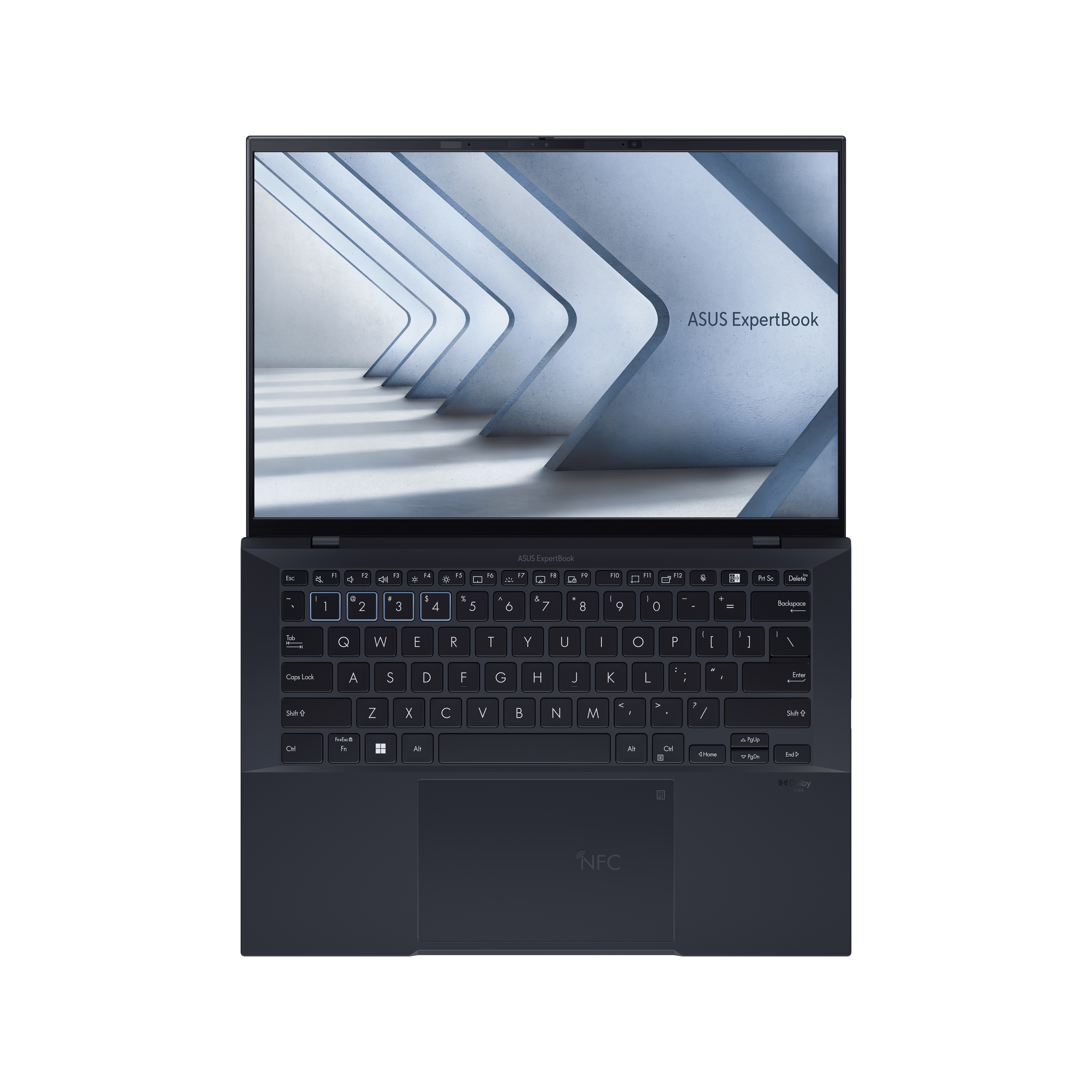 Portátil ASUS ExpertBook azul oscuro, abierto, vista cenital, mostrando teclado y panel táctil.