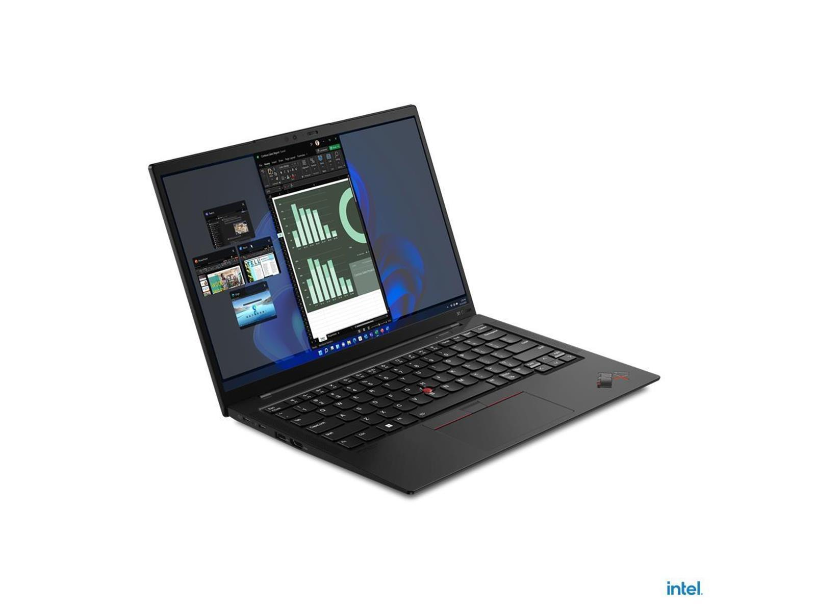 Schwarzer Laptop mit mehreren geöffneten Fenstern. Zeigt Diagramme und andere Anwendungen. Weißer Hintergrund. Intel-Logo.