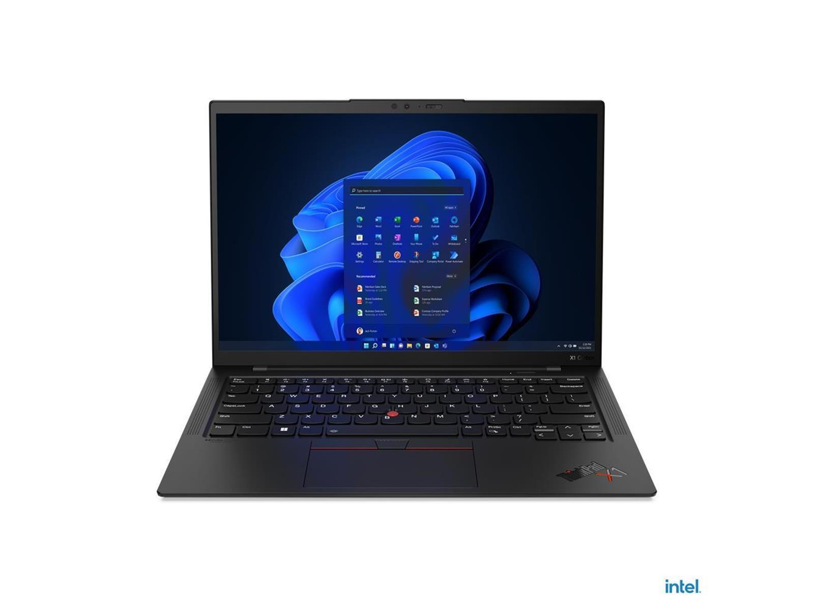 Schwarzer Laptop zeigt Windows 11. Der Hintergrund ist ein blauer Wirbel. Schwarze Tastatur. Weißer Hintergrund. Intel-Logo.