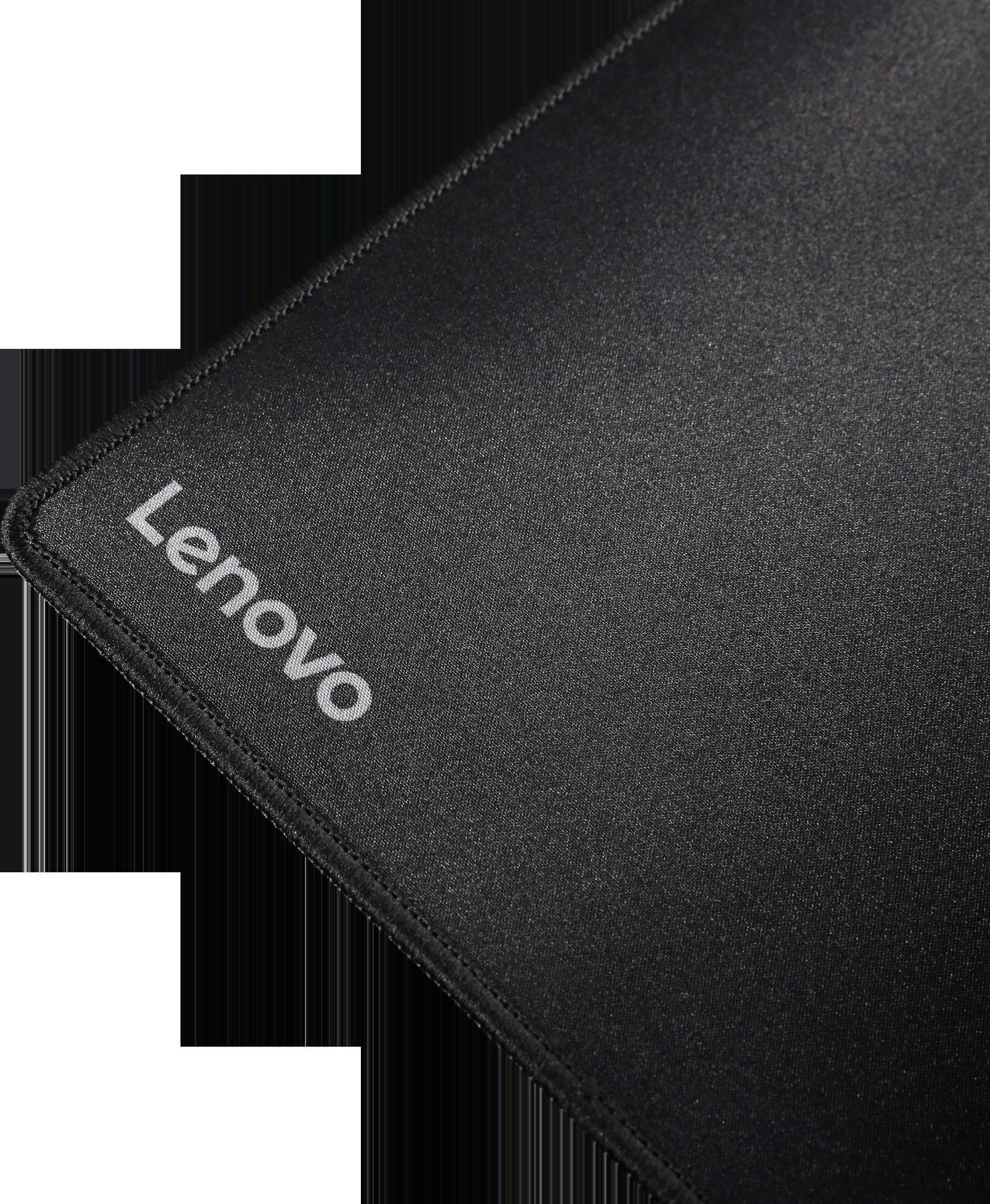 Tapis de souris Lenovo noir. Logo Lenovo en haut à gauche. Surface texturée. Fond blanc.
