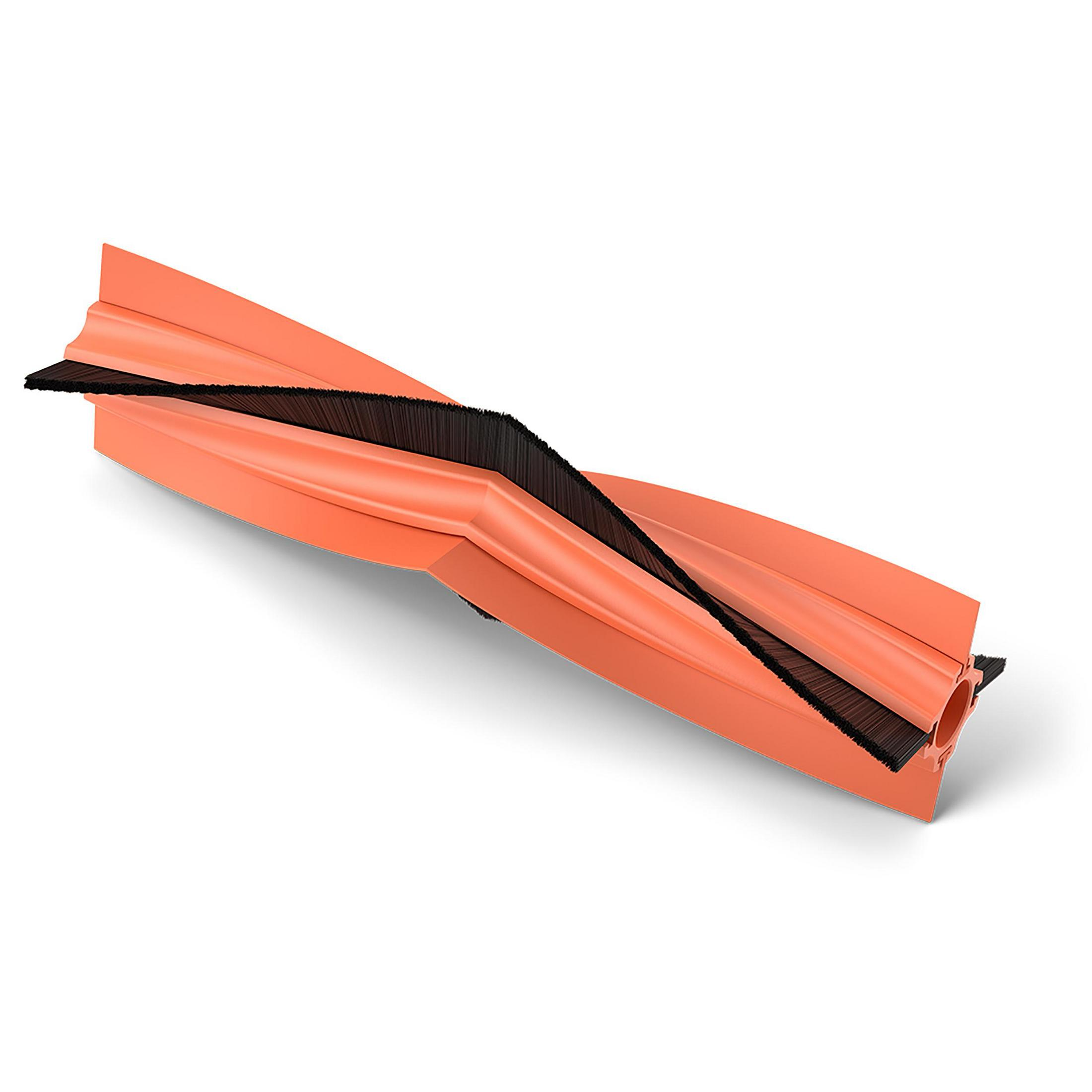 Eine orangefarbene Staubsaugerbürste mit schwarzen Borsten auf weißem Hintergrund.