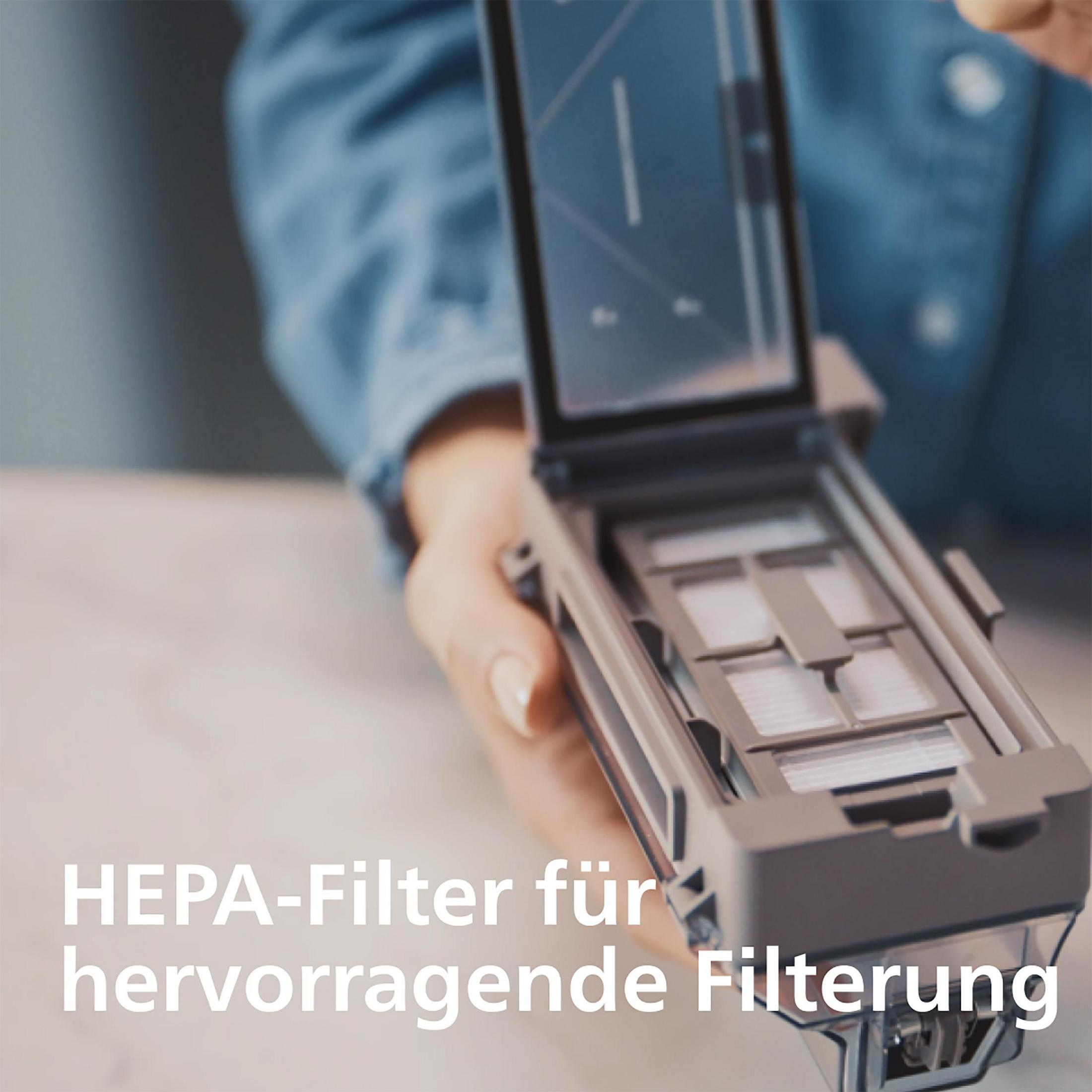 Eine Person, die eine HEPA-Filterbaugruppe für einen Staubsauger hält, mit Text 'HEPA-Filter für hervorragende Filterung'.